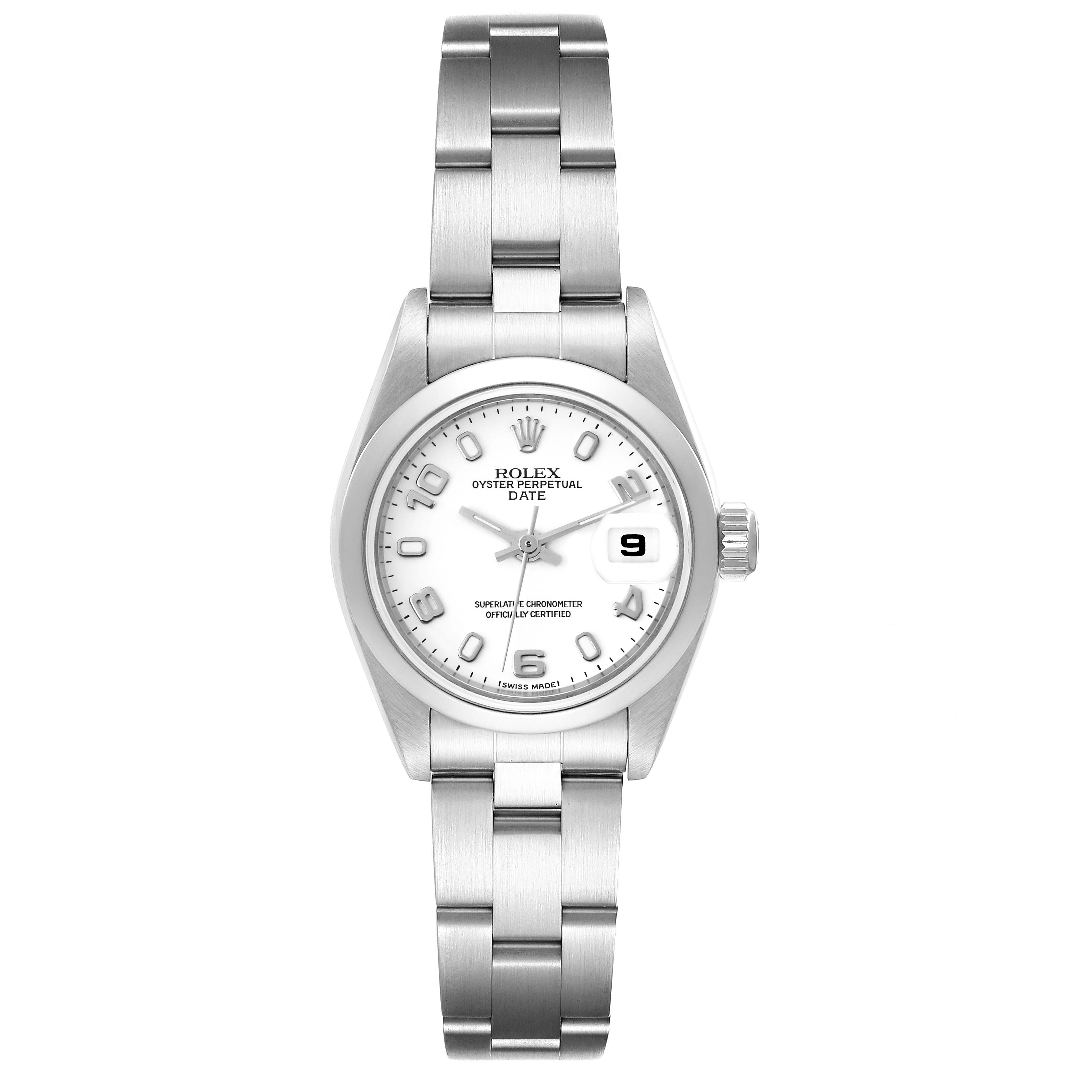 This image shows a front view of a Rolex Datejust 79160 Women's Stainless Steel White Dial 79160 Women's Stainless Steel White Dial watch, displaying the dial, bracelet, bezel, hour markers, and date window.