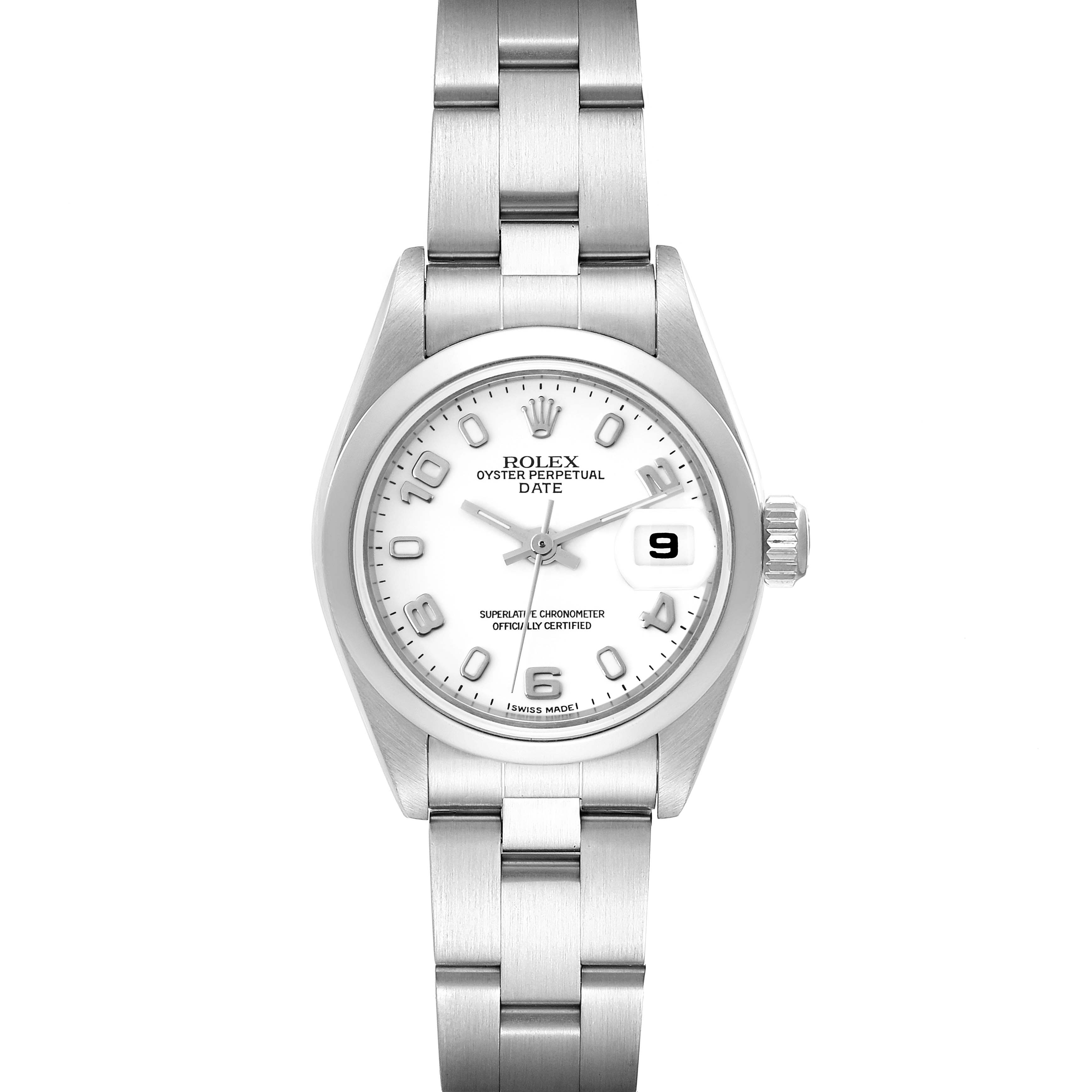 This image shows a front view of a Rolex Datejust 79160 Women's Stainless Steel White Dial 79160 Women's Stainless Steel White Dial watch, displaying its face, bracelet, and crown.