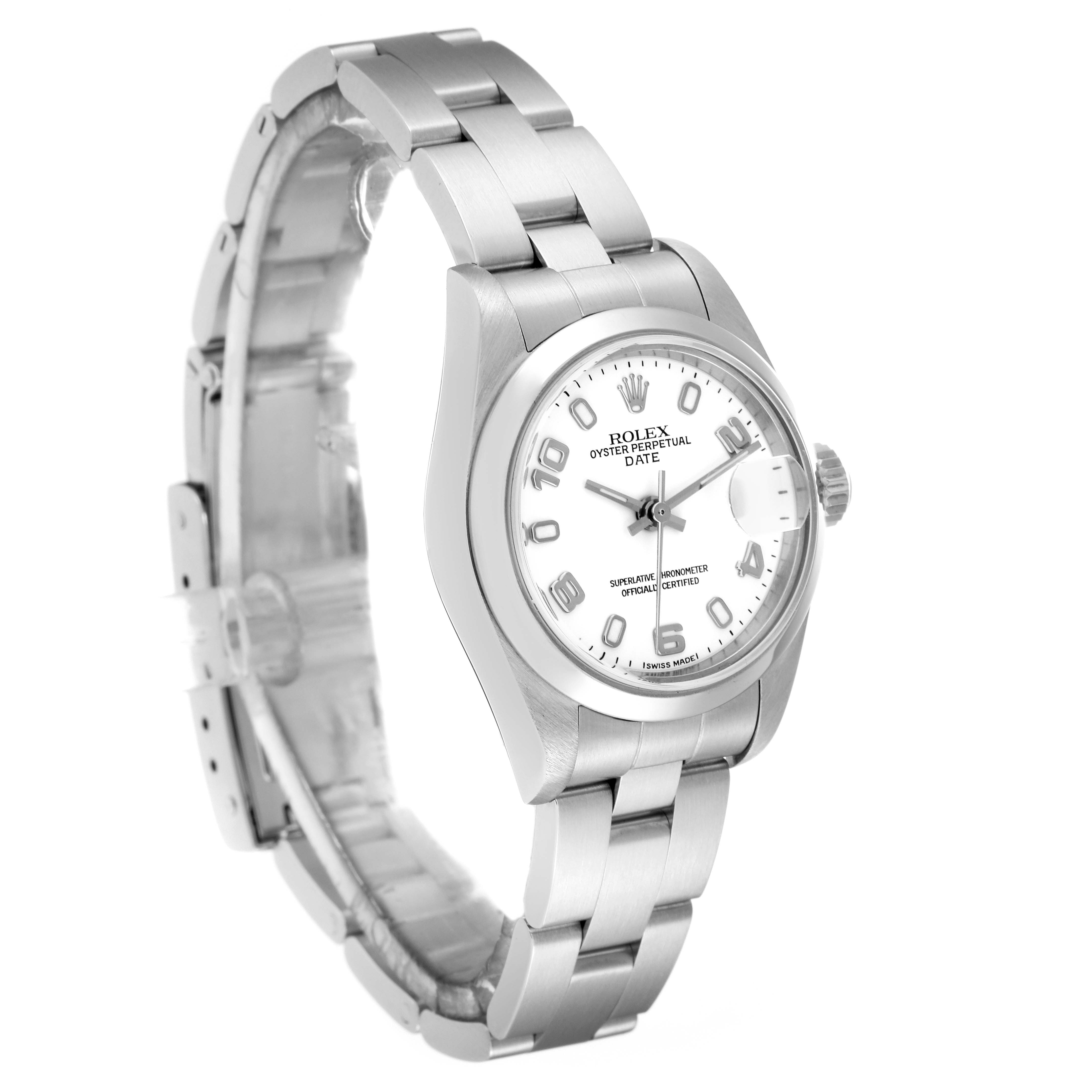 The image shows a Rolex Datejust 79160 Women's Stainless Steel White Dial 79160 Women's Stainless Steel White Dial watch from a front-angle, highlighting its dial, bezel, and bracelet.