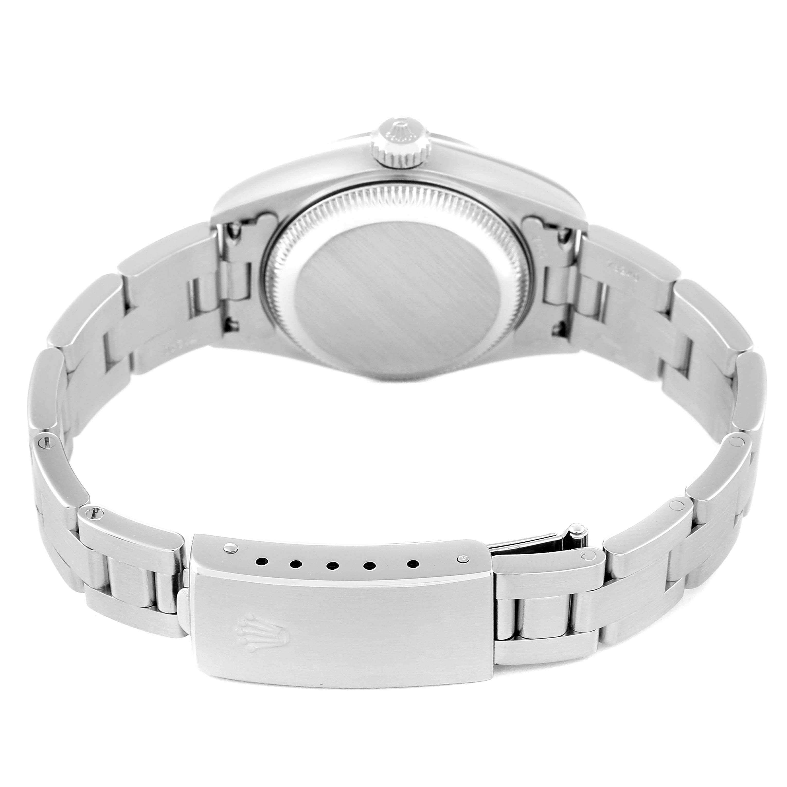 The image shows the back view of a Rolex Datejust 79160 Women's Stainless Steel White Dial 79160 Women's Stainless Steel White Dial watch, highlighting its case back, crown, and bracelet clasp.