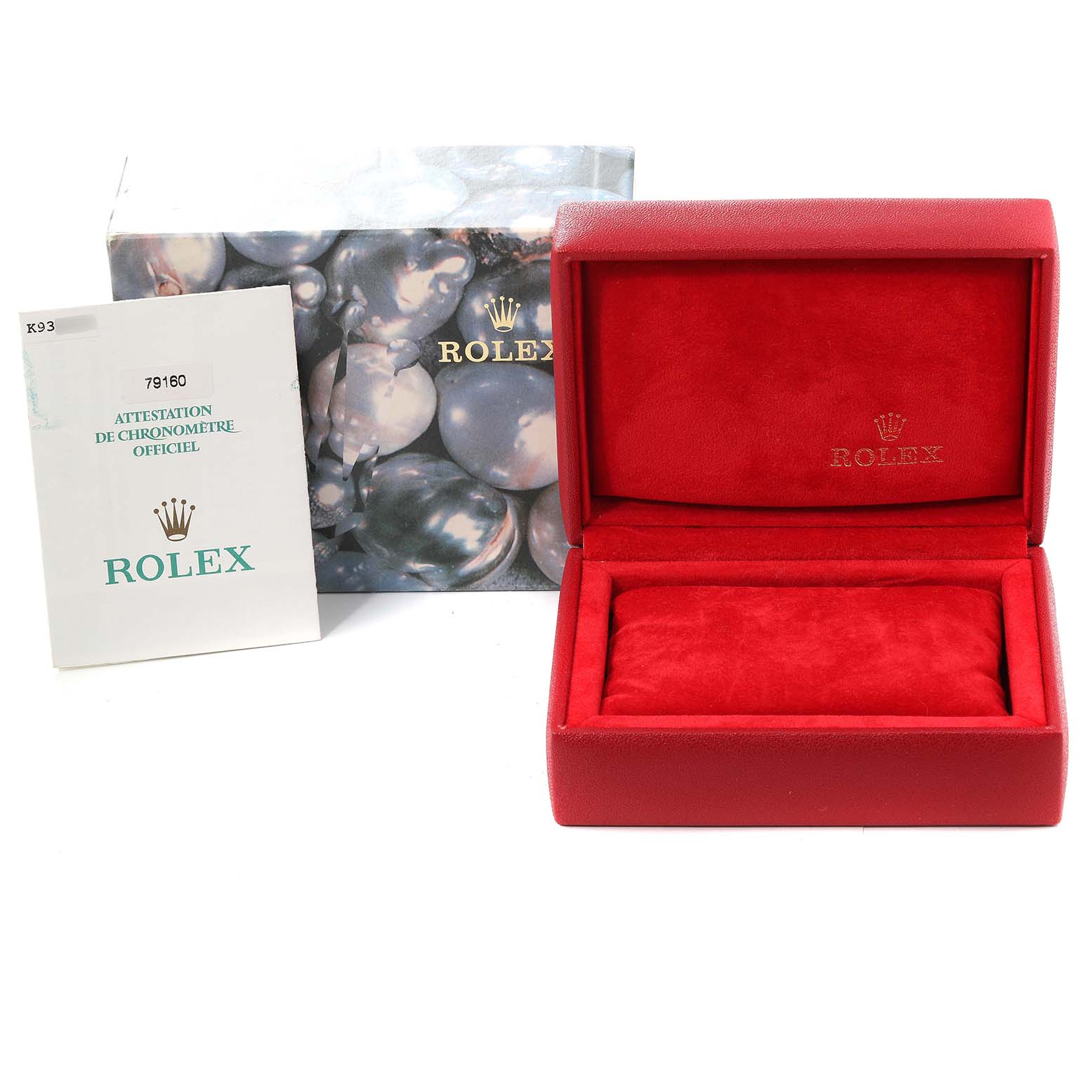 The image shows a Rolex Datejust 79160 Women's Stainless Steel White Dial 79160 Women's Stainless Steel White Dial box, booklet, and outer packaging.