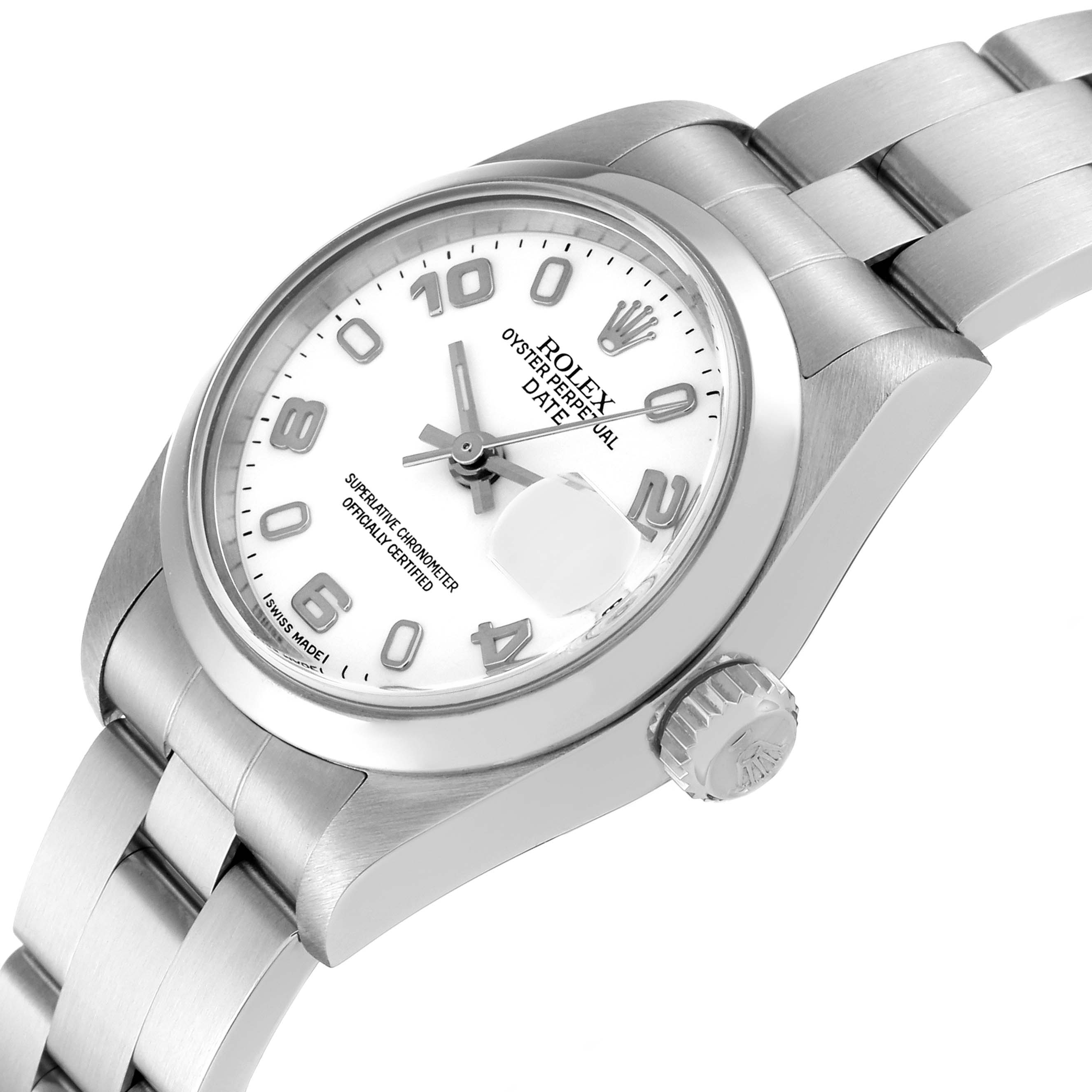 The Rolex Datejust 79160 Women's Stainless Steel White Dial 79160 Women's Stainless Steel White Dial watch is shown at an oblique angle, highlighting the dial, crown, and part of the bracelet.