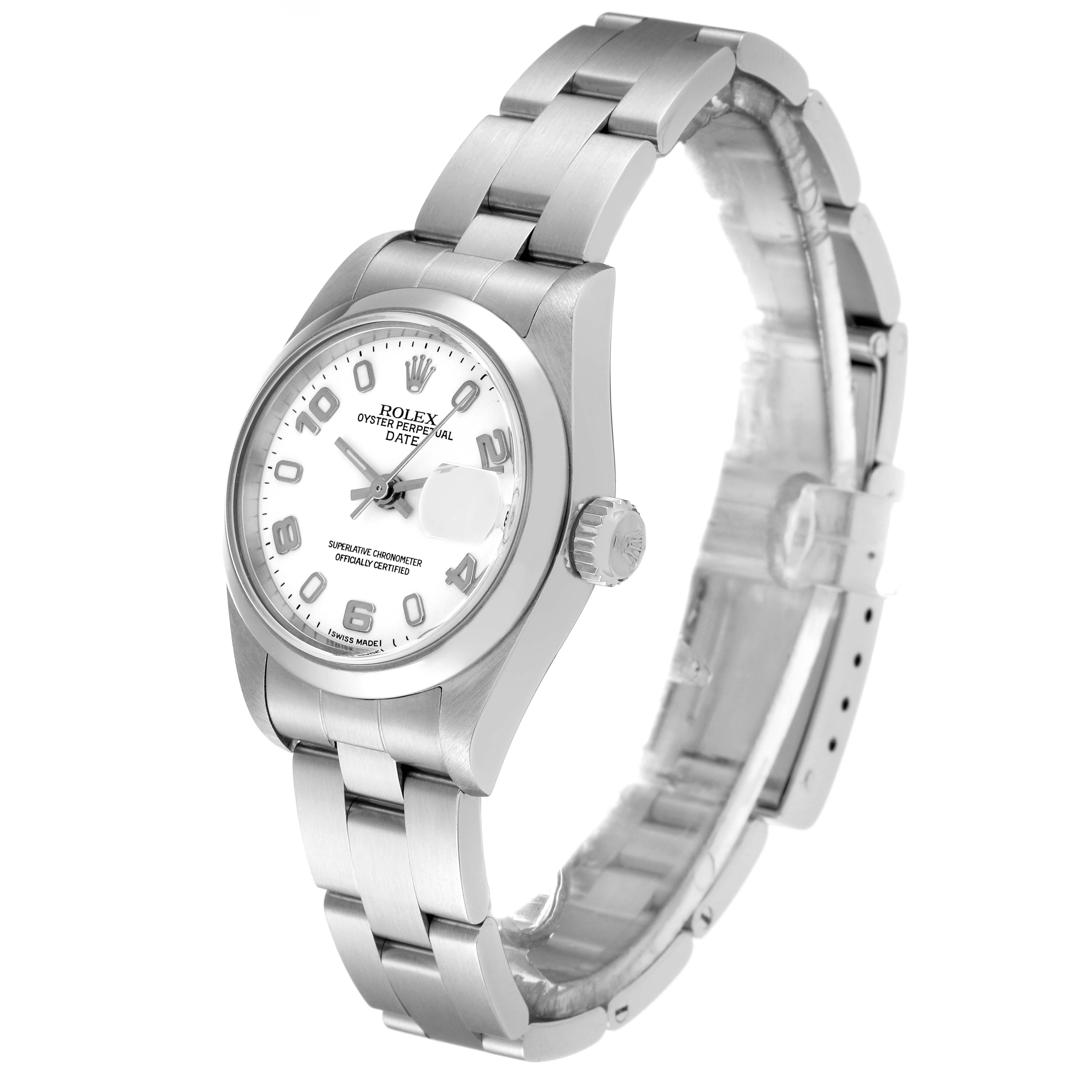 This image shows a Rolex Datejust 79160 Women's Stainless Steel White Dial 79160 Women's Stainless Steel White Dial watch at an angle displaying the face, bezel, crown, and part of the bracelet.