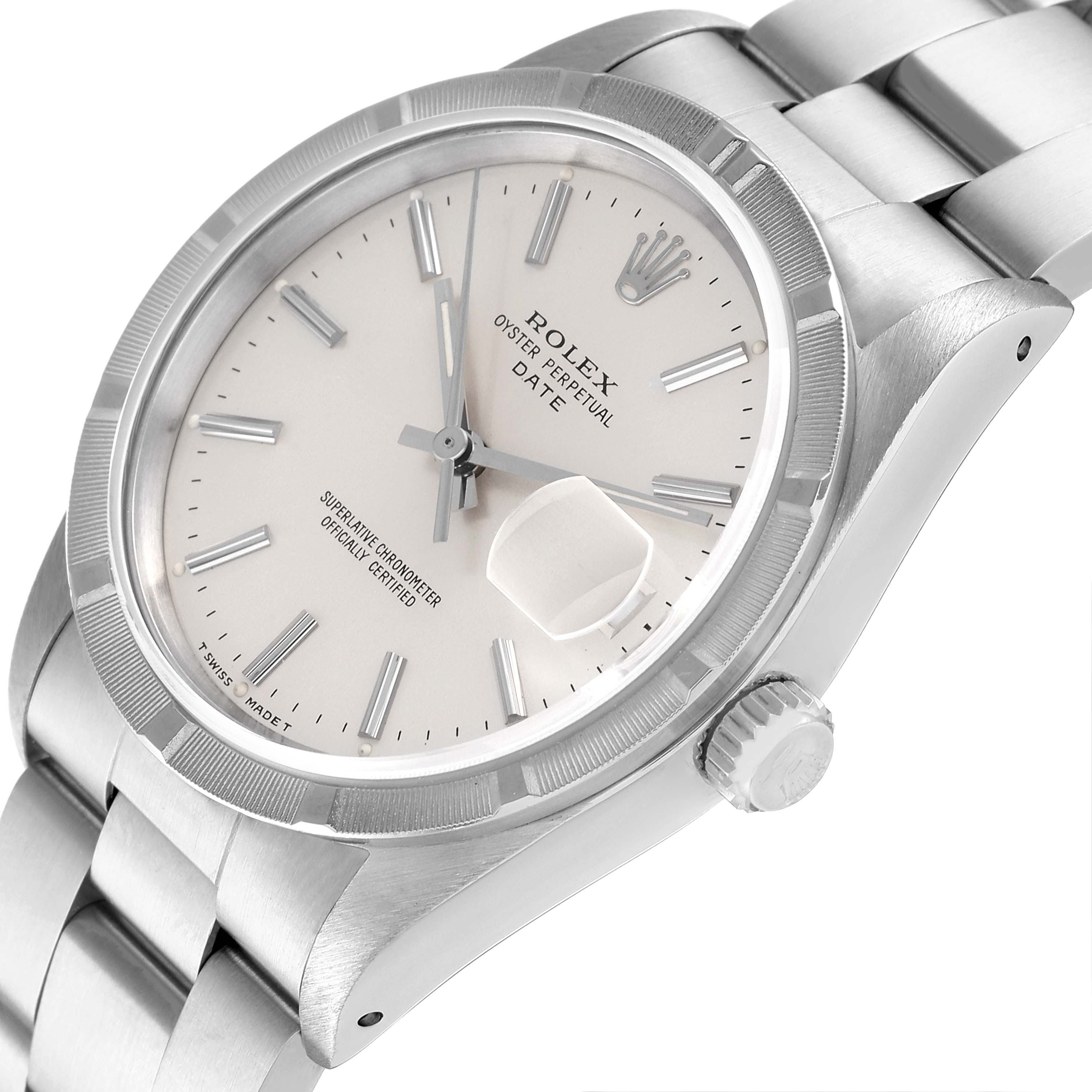 The image shows an angled view of the dial, bezel, crown, and part of the bracelet of the Rolex Date 15210 Men
s Stainless Steel Silver Dial 15210 Men
s Stainless Steel Silver Dial model watch.