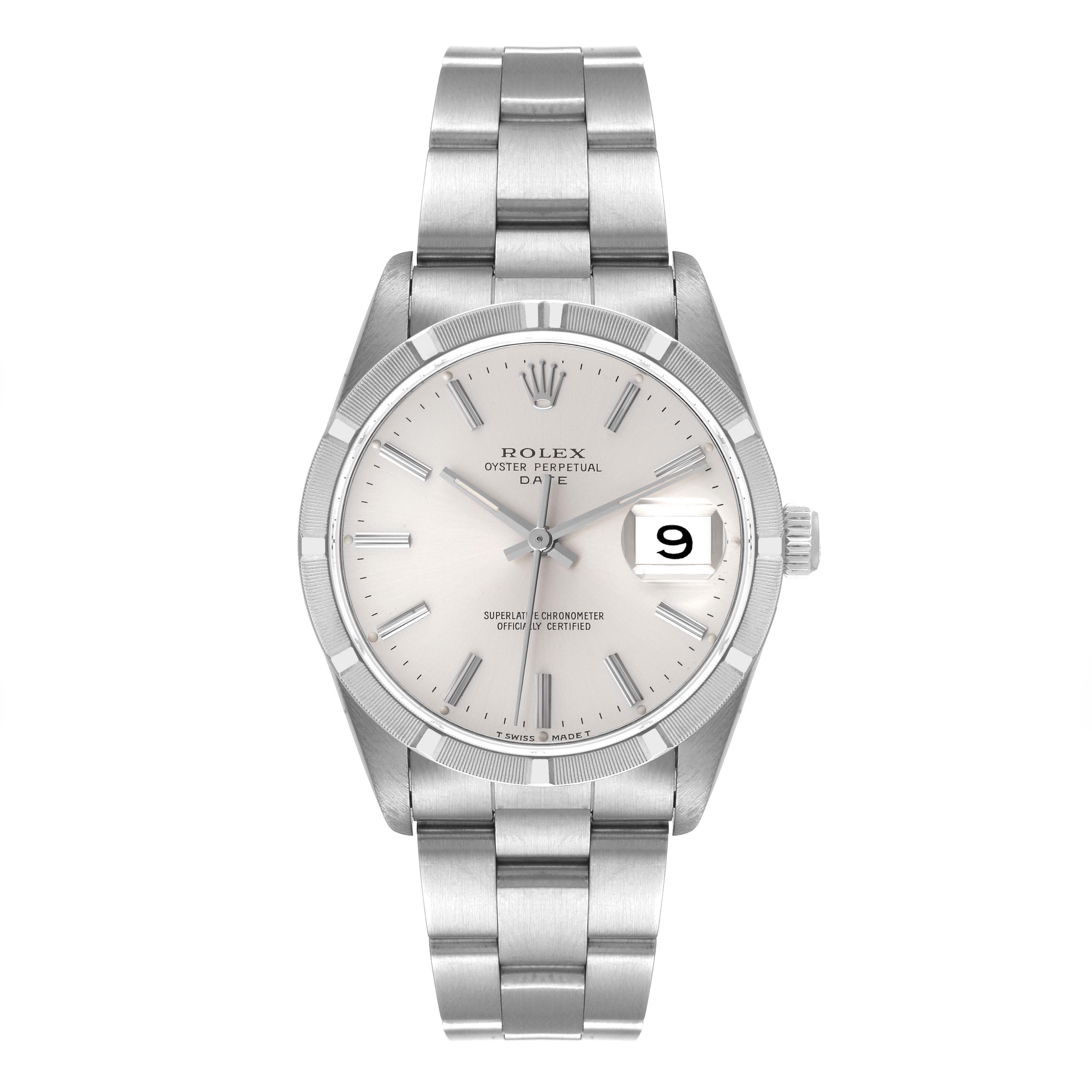 The image shows a front view of the Rolex Date 15210 Men
s Stainless Steel Silver Dial 15210 Men
s Stainless Steel Silver Dial model watch, displaying its face, bracelet, and date window.