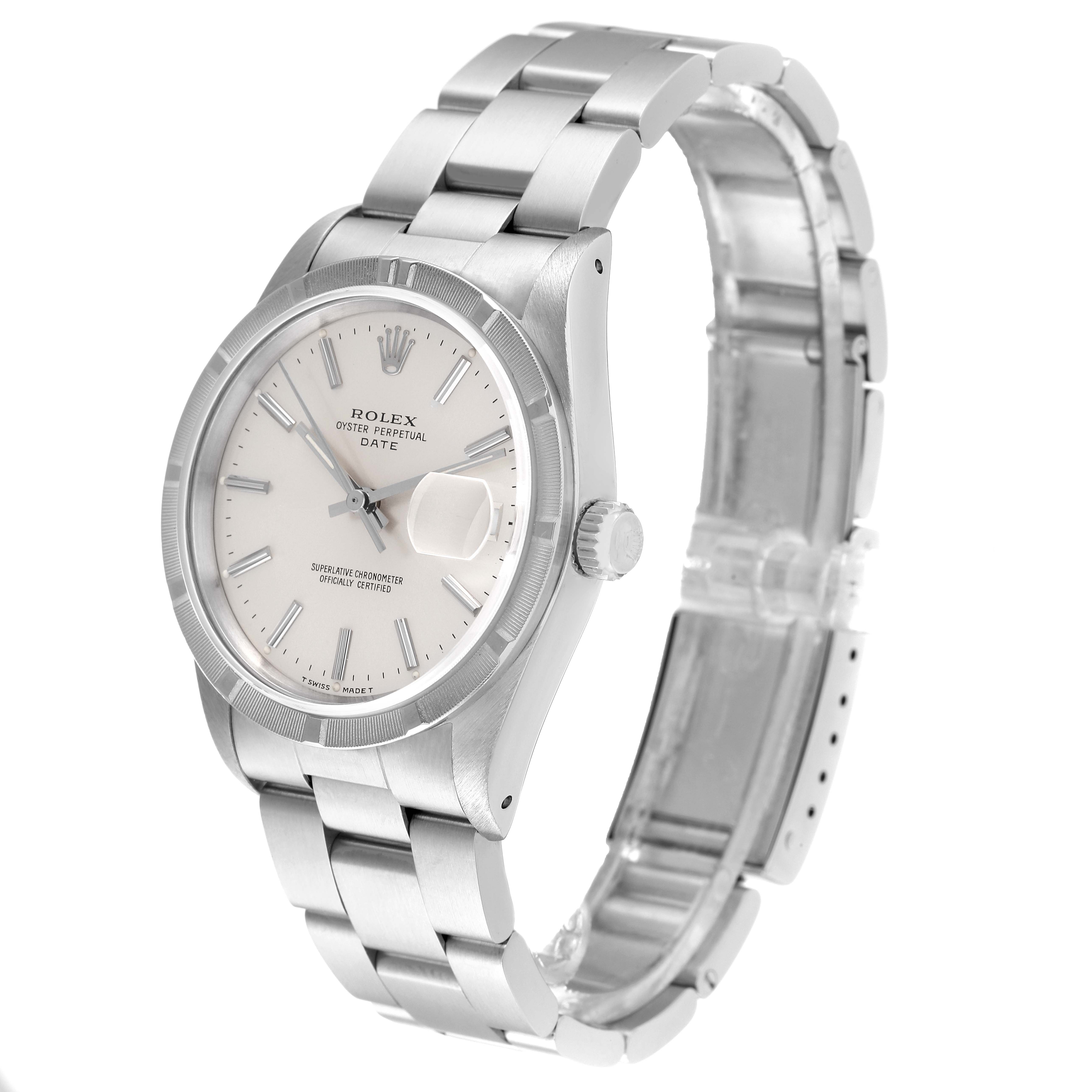 The Rolex Date 15210 Men
s Stainless Steel Silver Dial 15210 Men
s Stainless Steel Silver Dial model watch is shown from a slightly angled view, displaying its face, case, and bracelet.
