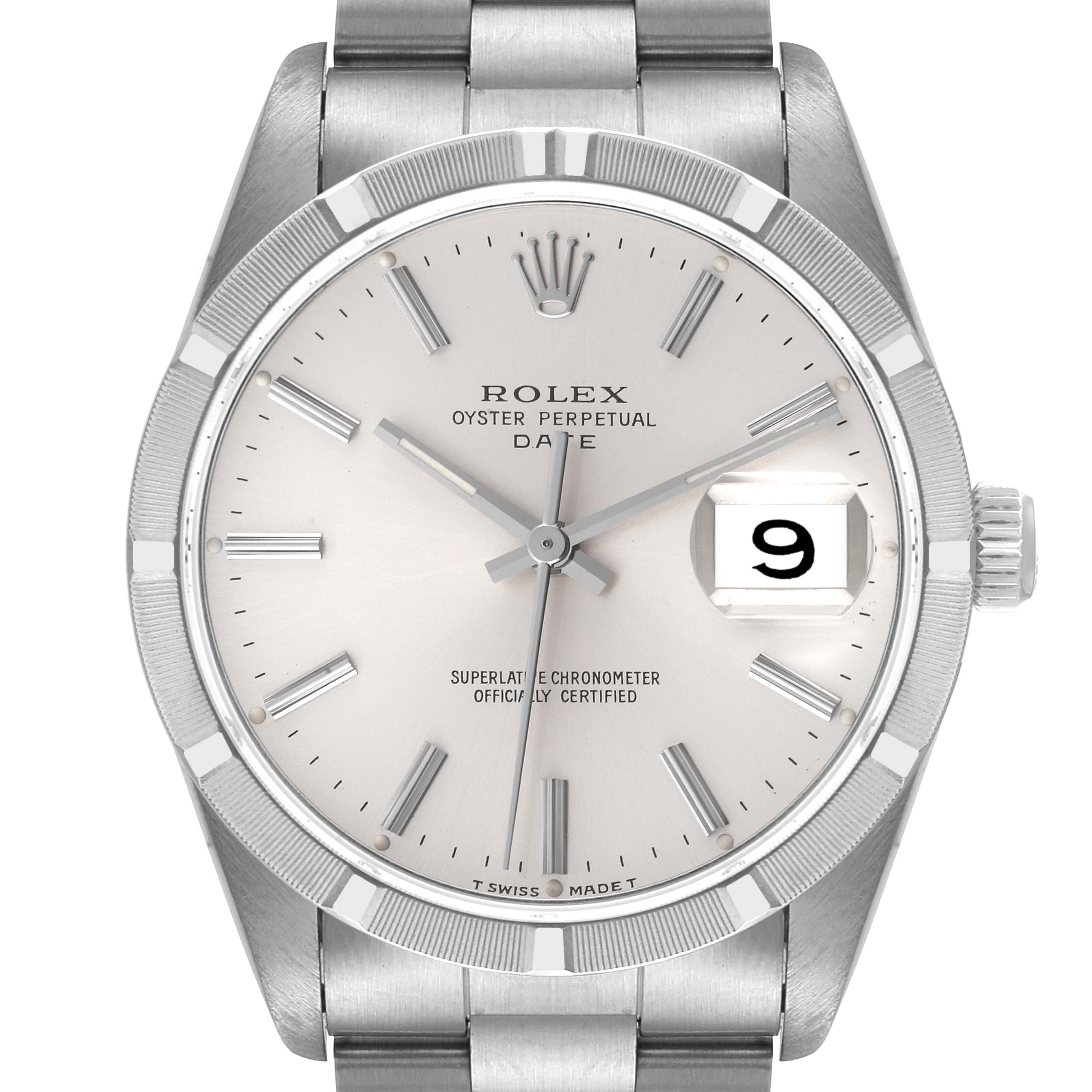 This image shows a front view of the Rolex Oyster Perpetual Date watch, displaying its dial, hands, date window, and bezel.