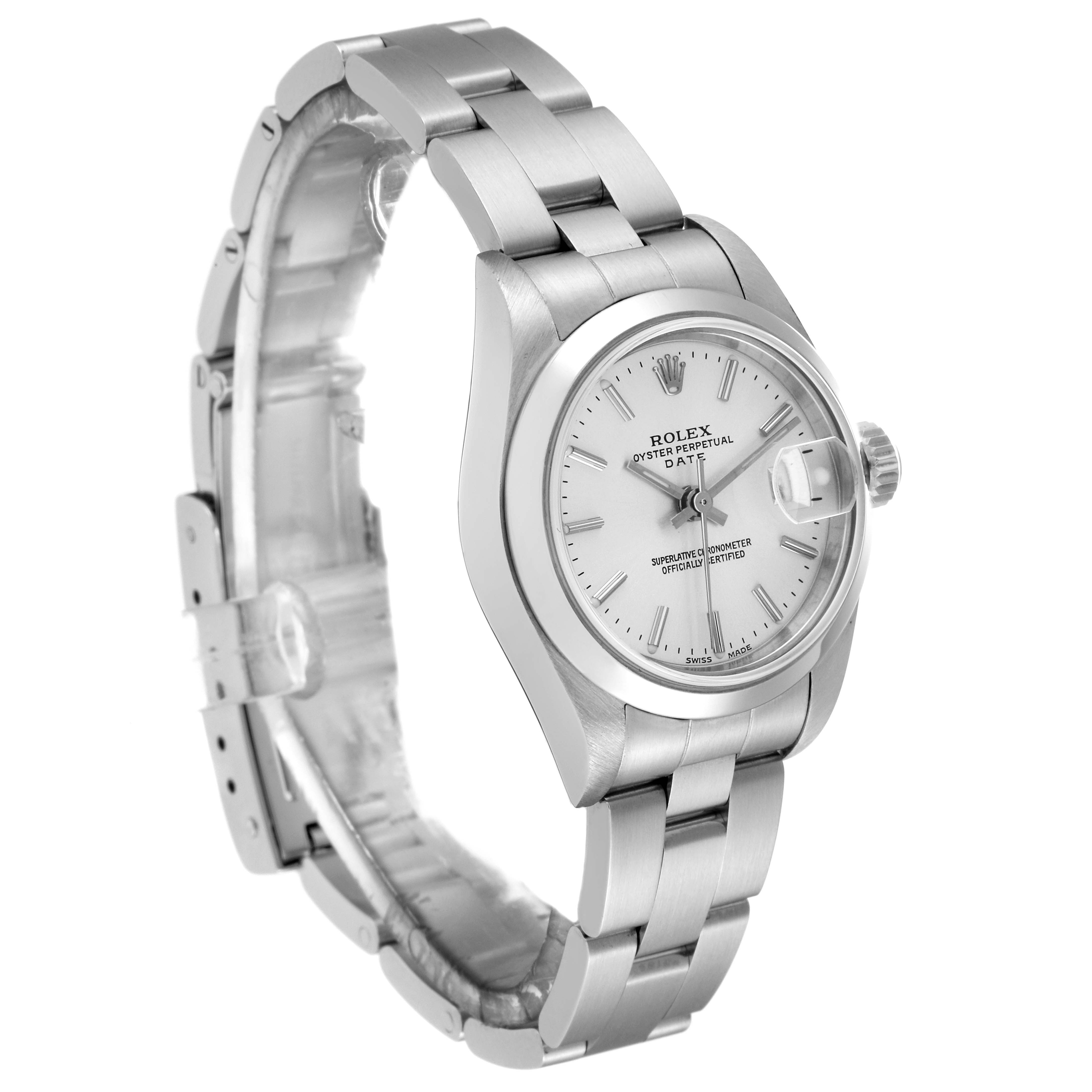 The image shows a side angle of the Rolex Date 79160 Women's Stainless Steel Silver Dial 79160 Women's Stainless Steel Silver Dial model watch, featuring the dial, bezel, and part of the bracelet.