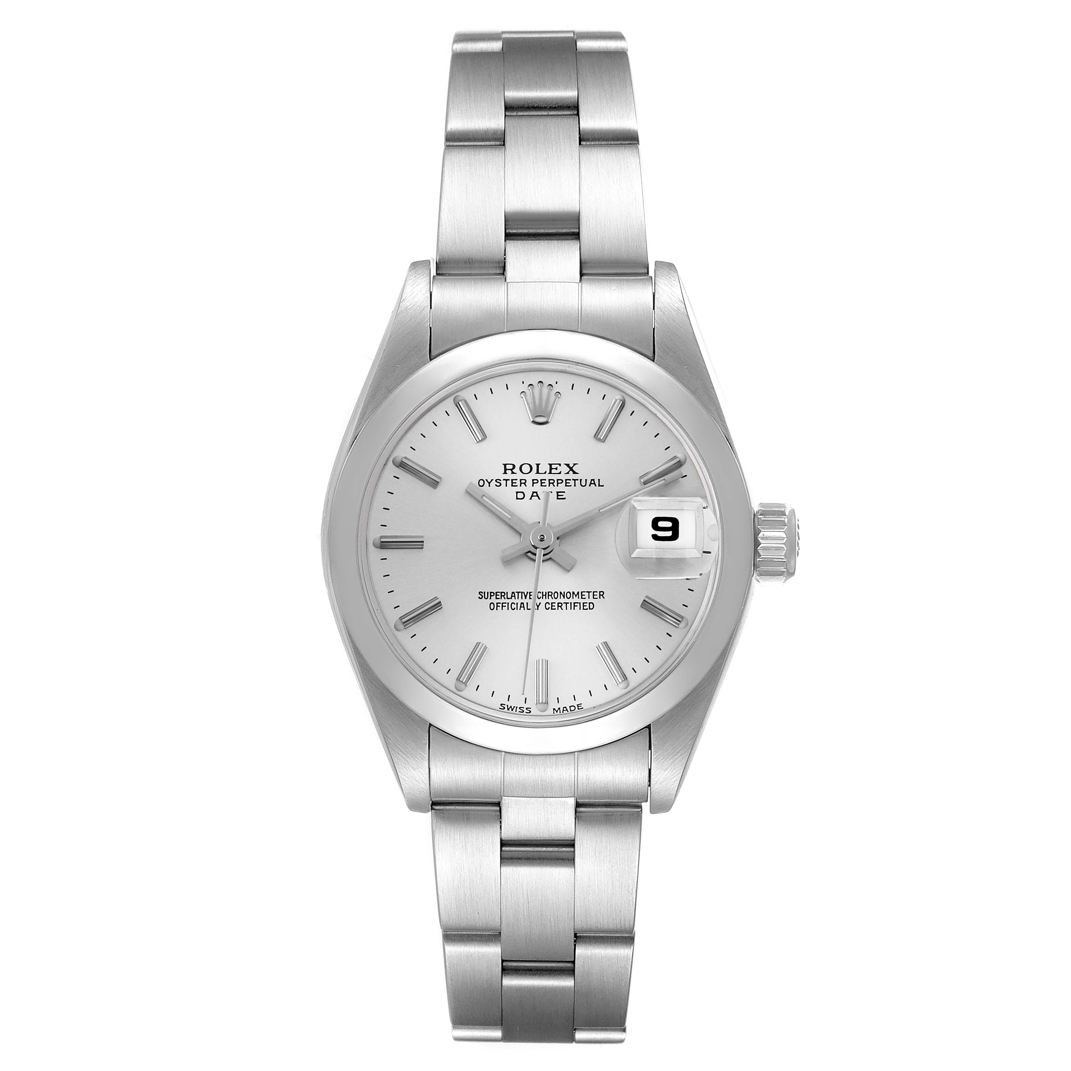 The image shows a front view of the Rolex Date 79160 Women's Stainless Steel Silver Dial 79160 Women's Stainless Steel Silver Dial model, displaying the dial, hands, date window, and bracelet.