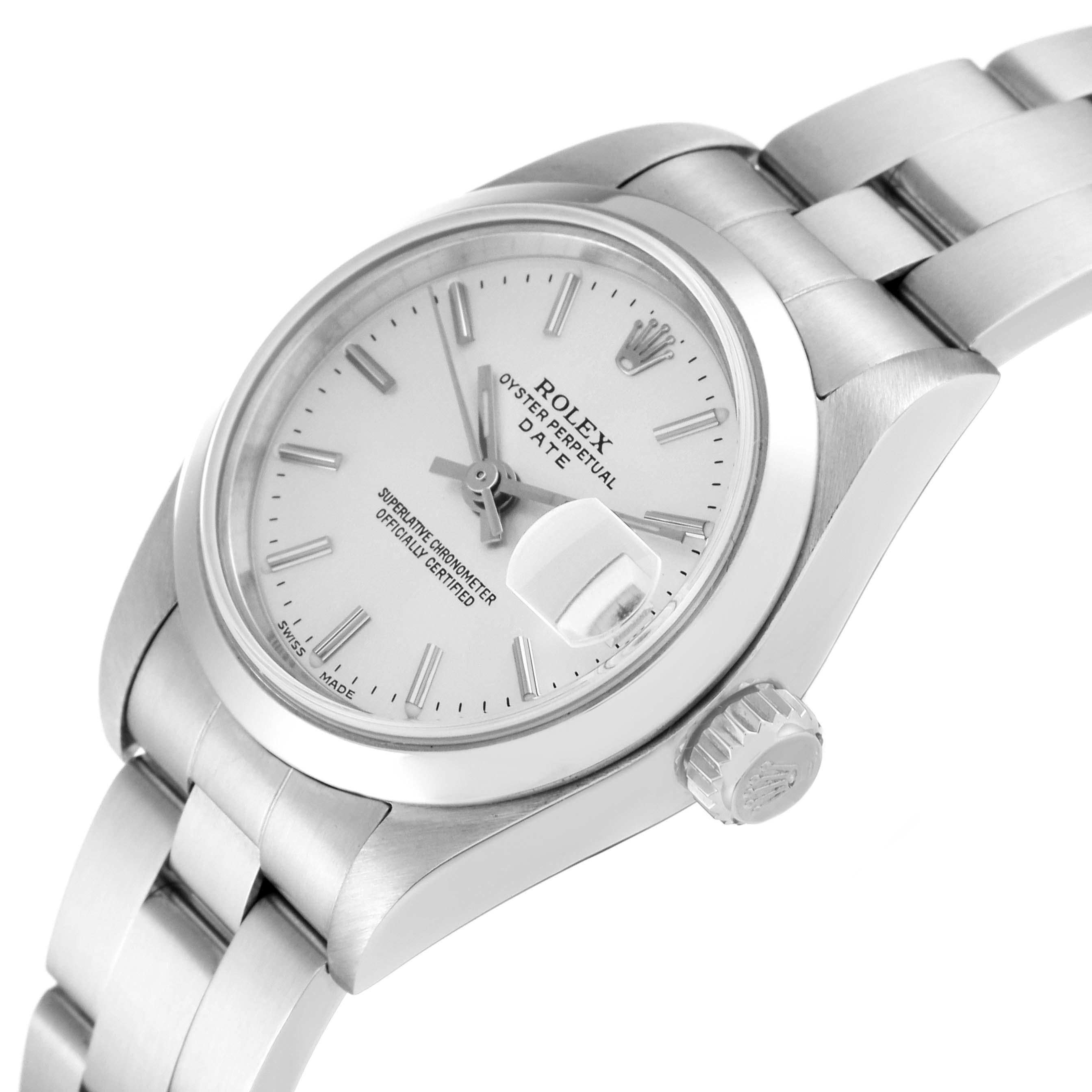 The image shows a close-up angle of a Rolex Date 79160 Women's Stainless Steel Silver Dial 79160 Women's Stainless Steel Silver Dial model watch, highlighting its face, crown, and part of the bracelet.