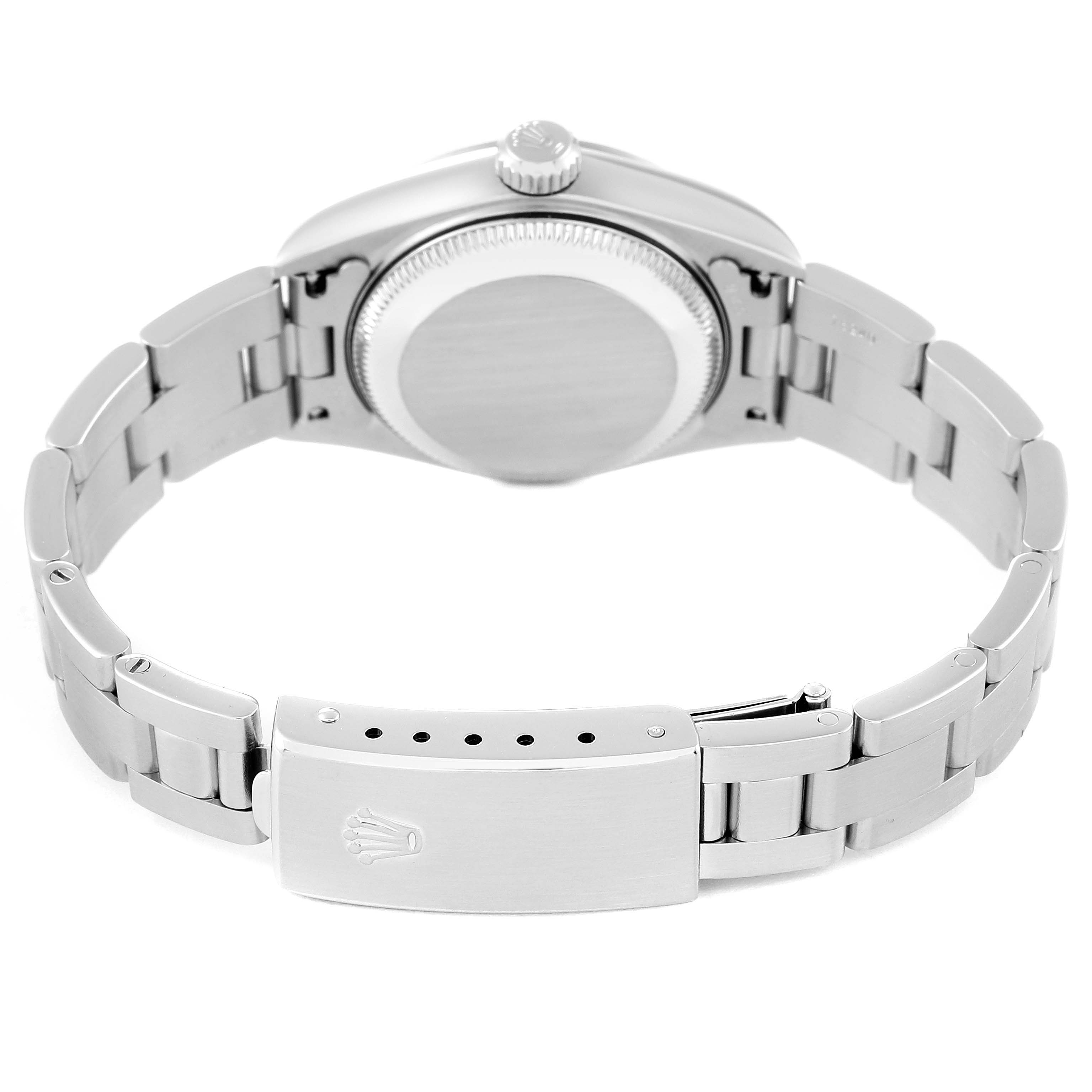 This image shows the back view of a Rolex Date 79160 Women's Stainless Steel Silver Dial 79160 Women's Stainless Steel Silver Dial model watch focusing on the clasp, bracelet, and case back.