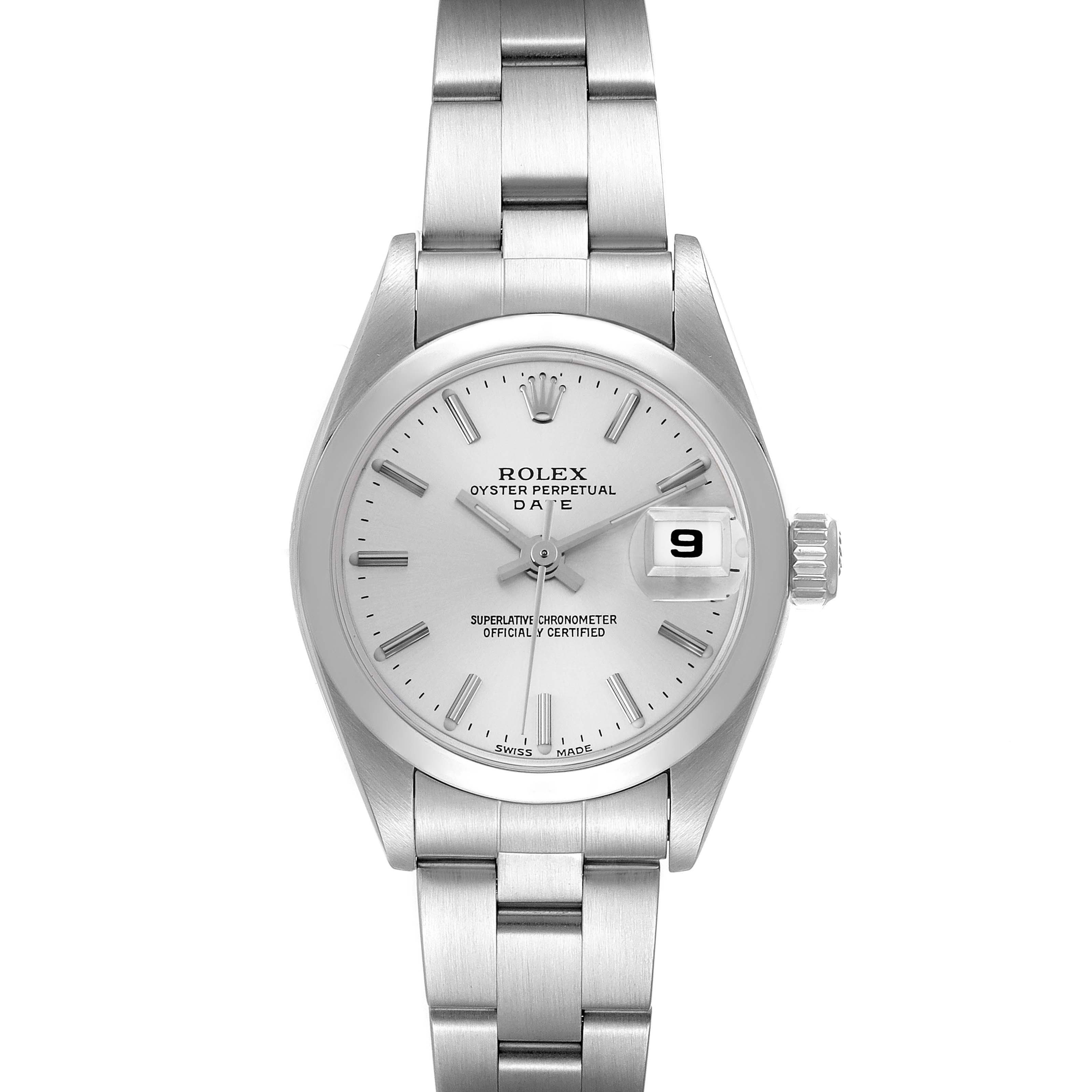 This image shows a Rolex Oyster Perpetual Date watch from a front angle, highlighting its dial, bezel, bracelet, and date window.