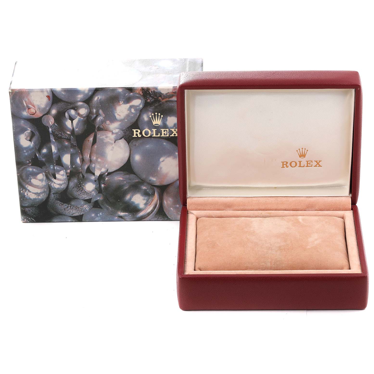 The image shows a Rolex Date 79160 Women's Stainless Steel Silver Dial 79160 Women's Stainless Steel Silver Dial model watch box and its outer packaging, both open and empty.