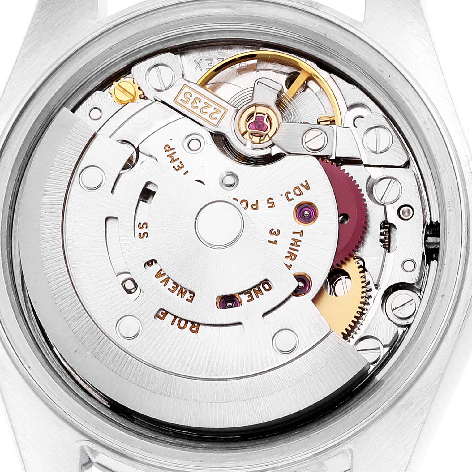 The image shows the inner mechanical movement of the Rolex Date 79160 Women's Stainless Steel Silver Dial 79160 Women's Stainless Steel Silver Dial watch model, taken from a top-down angle.
