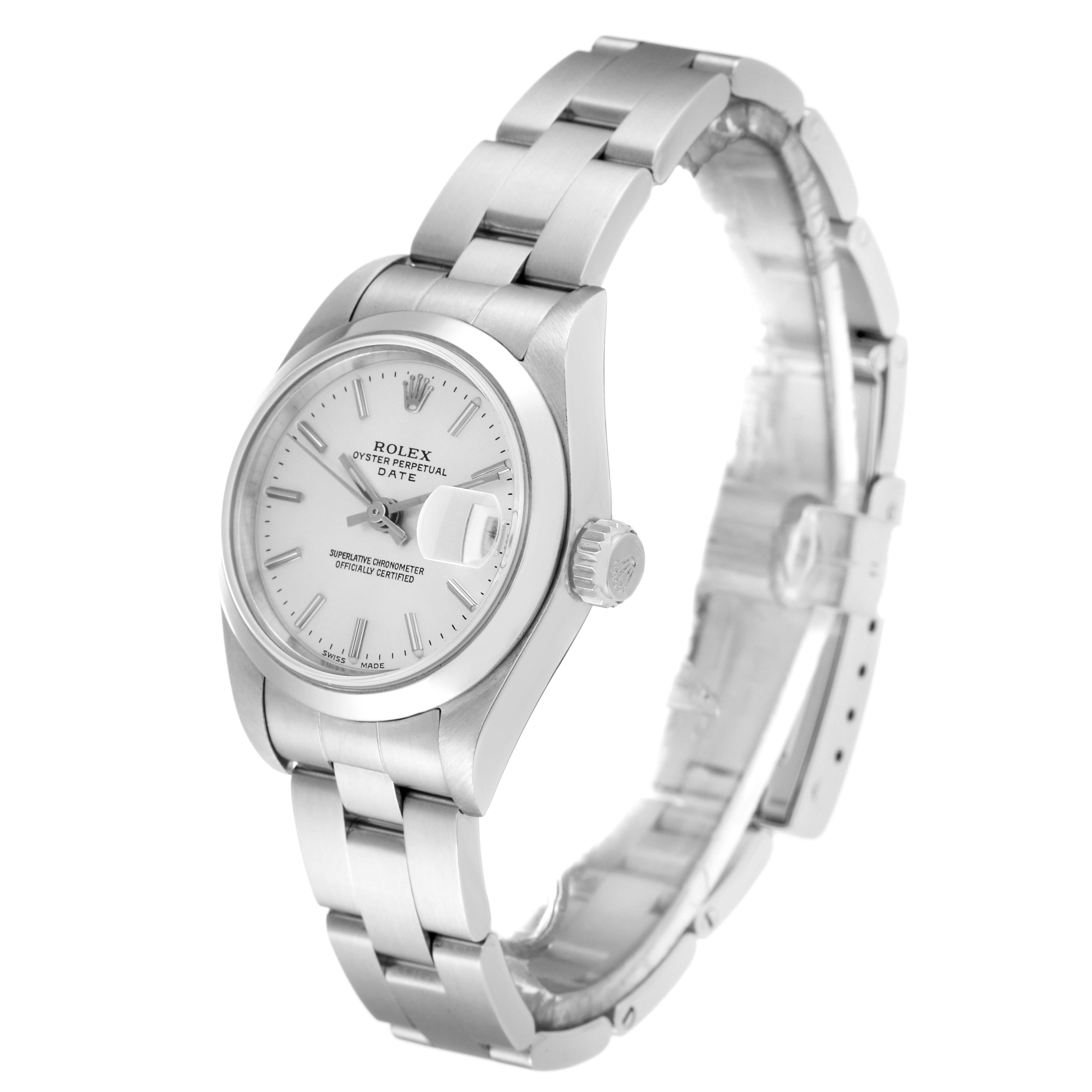 The Rolex Date 79160 Women's Stainless Steel Silver Dial 79160 Women's Stainless Steel Silver Dial watch is shown at an angled view, highlighting the face, crown, and bracelet.