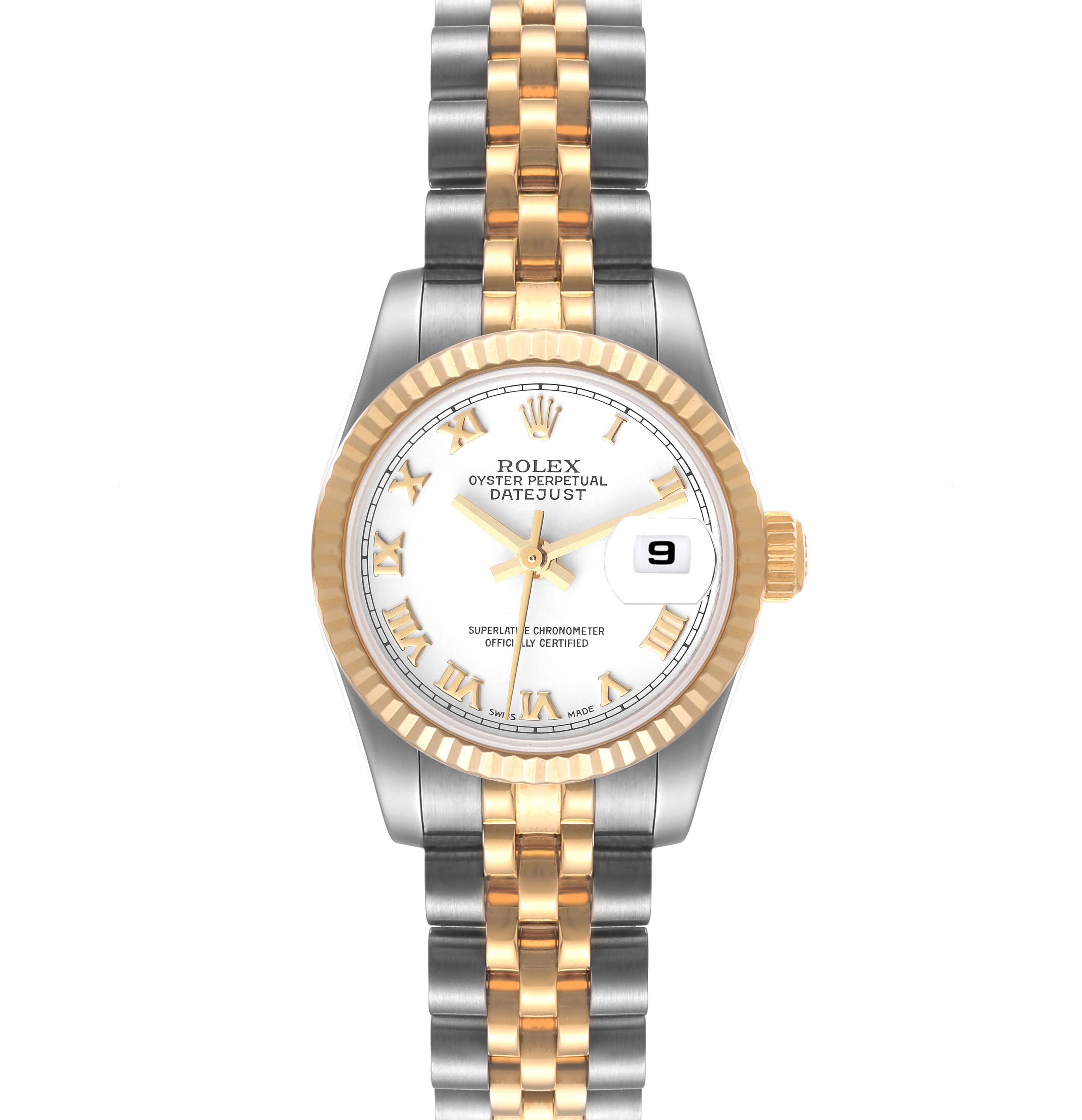 This is a front view of a Rolex Datejust 179173 Women's Steel and Gold (two tone) White Dial 179173 Women's Steel and Gold (two tone) White Dial watch, showing the dial, bezel, and two-tone bracelet.