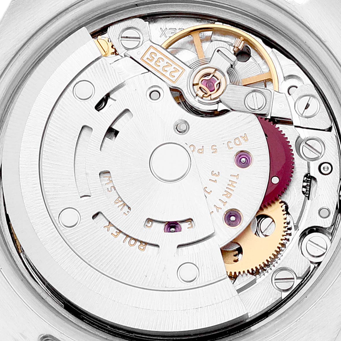 The image shows the internal mechanism and movement of a Rolex Datejust 179173 Women's Steel and Gold (two tone) White Dial 179173 Women's Steel and Gold (two tone) White Dial watch, viewed from the back.