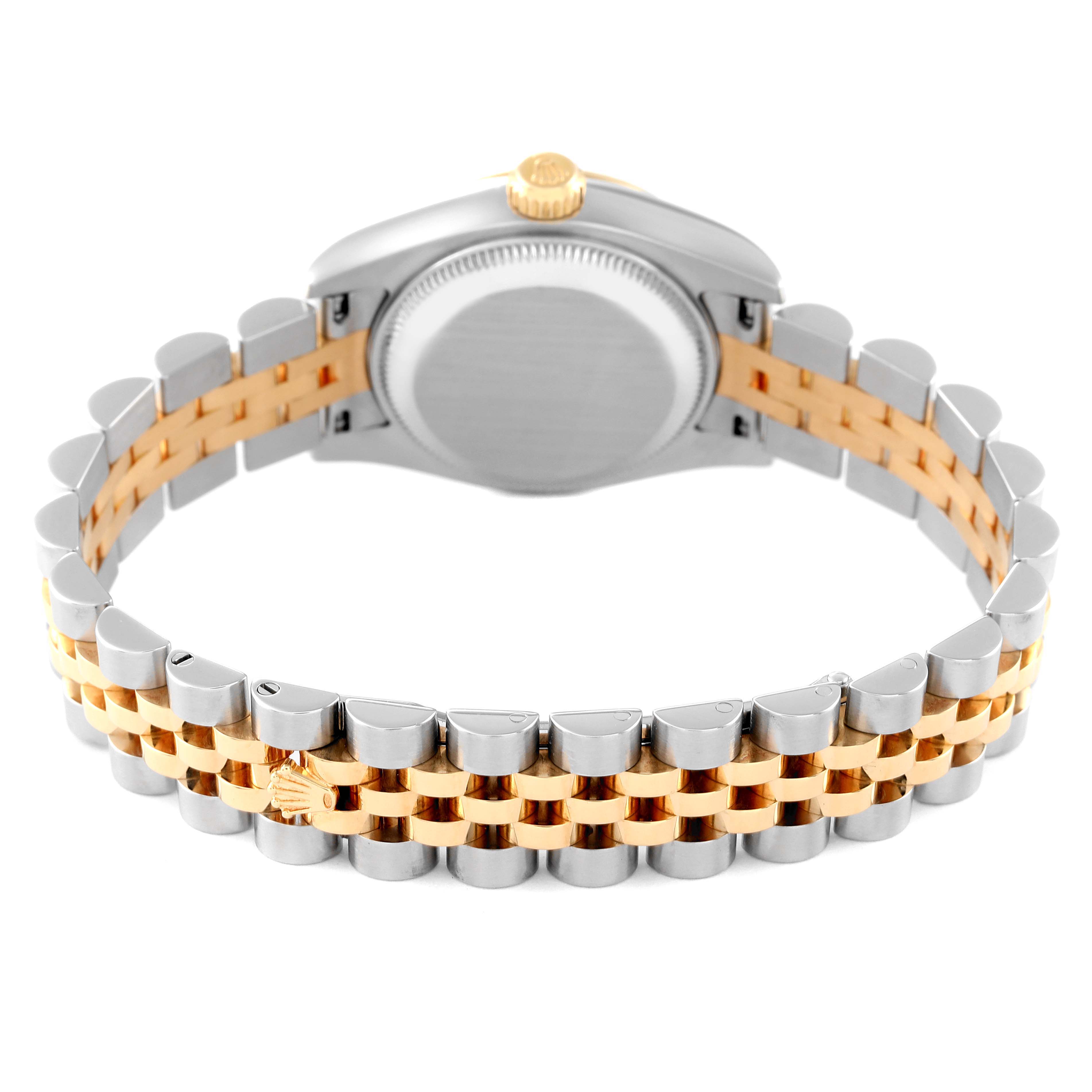 This image shows the back of the case and the jubilee bracelet of the Rolex Datejust 179173 Women's Steel and Gold (two tone) White Dial 179173 Women's Steel and Gold (two tone) White Dial model.