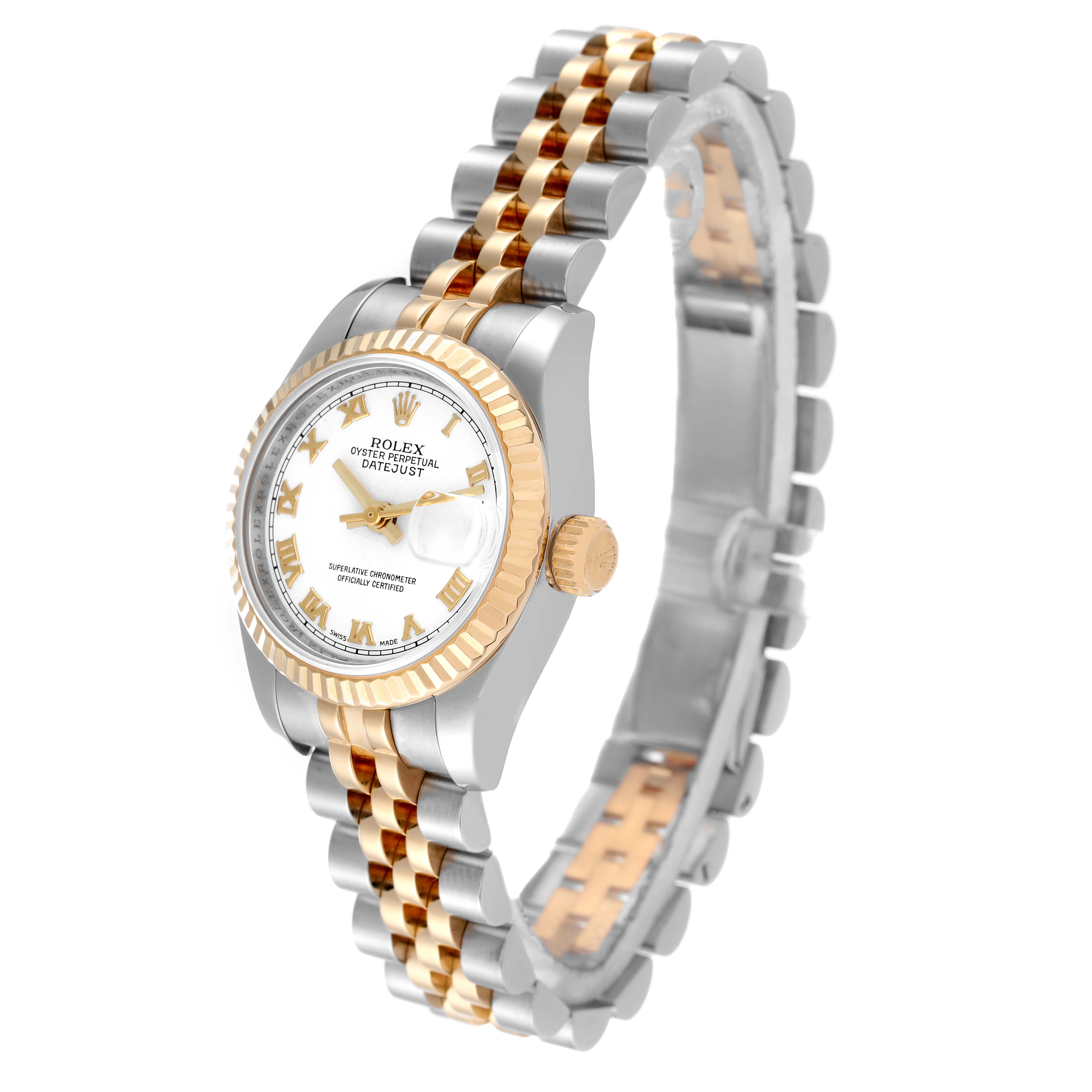 This image shows a side angle of a Rolex Datejust 179173 Women's Steel and Gold (two tone) White Dial 179173 Women's Steel and Gold (two tone) White Dial watch, highlighting its two-tone bracelet and fluted bezel.