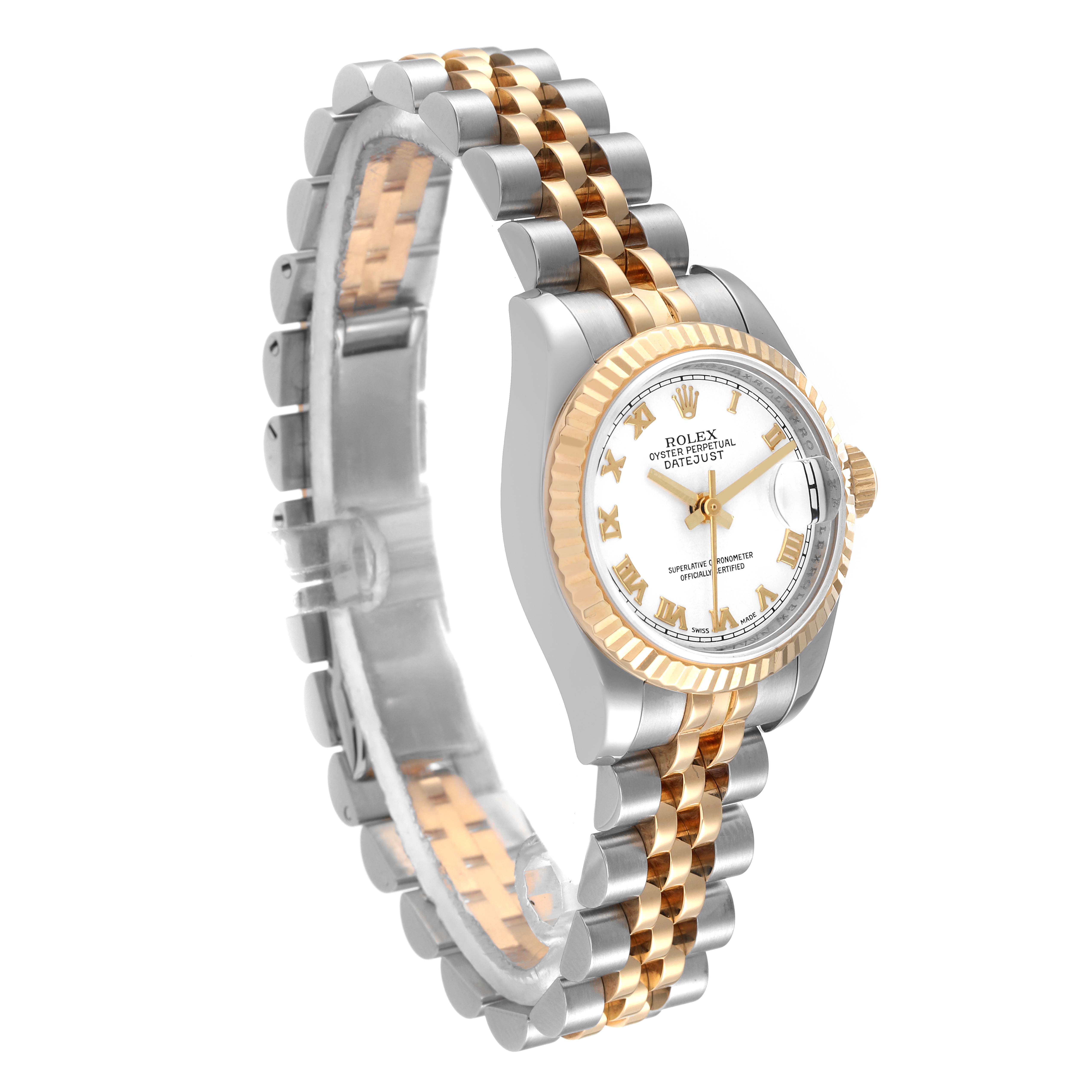 The image shows a side angle of a Rolex Datejust 179173 Women's Steel and Gold (two tone) White Dial 179173 Women's Steel and Gold (two tone) White Dial watch, highlighting its two-tone bracelet, bezel, and face.