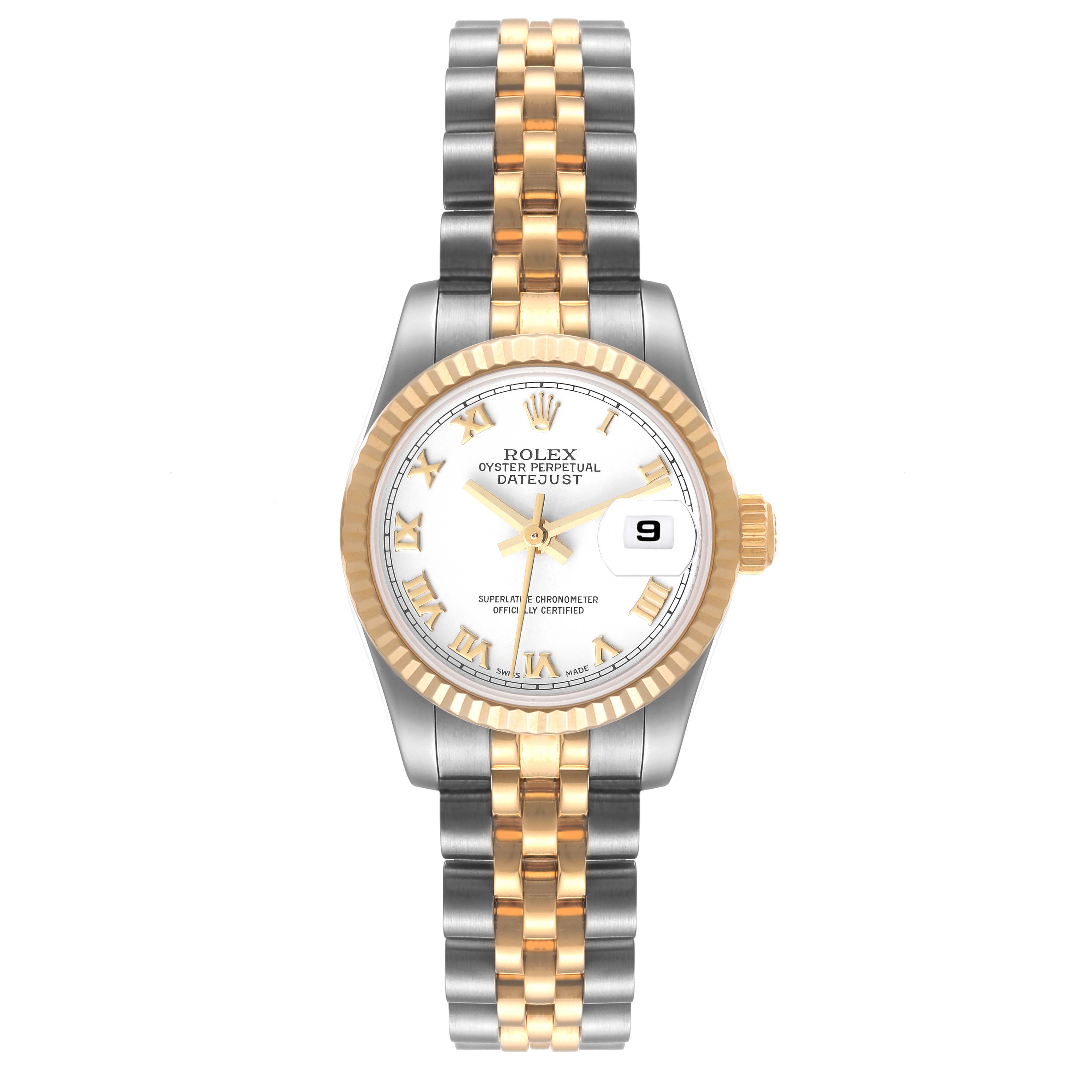 The Rolex Datejust 179173 Women's Steel and Gold (two tone) White Dial 179173 Women's Steel and Gold (two tone) White Dial watch is shown from the front, displaying a two-tone metal bracelet, fluted bezel, and date window at 3 o'clock.