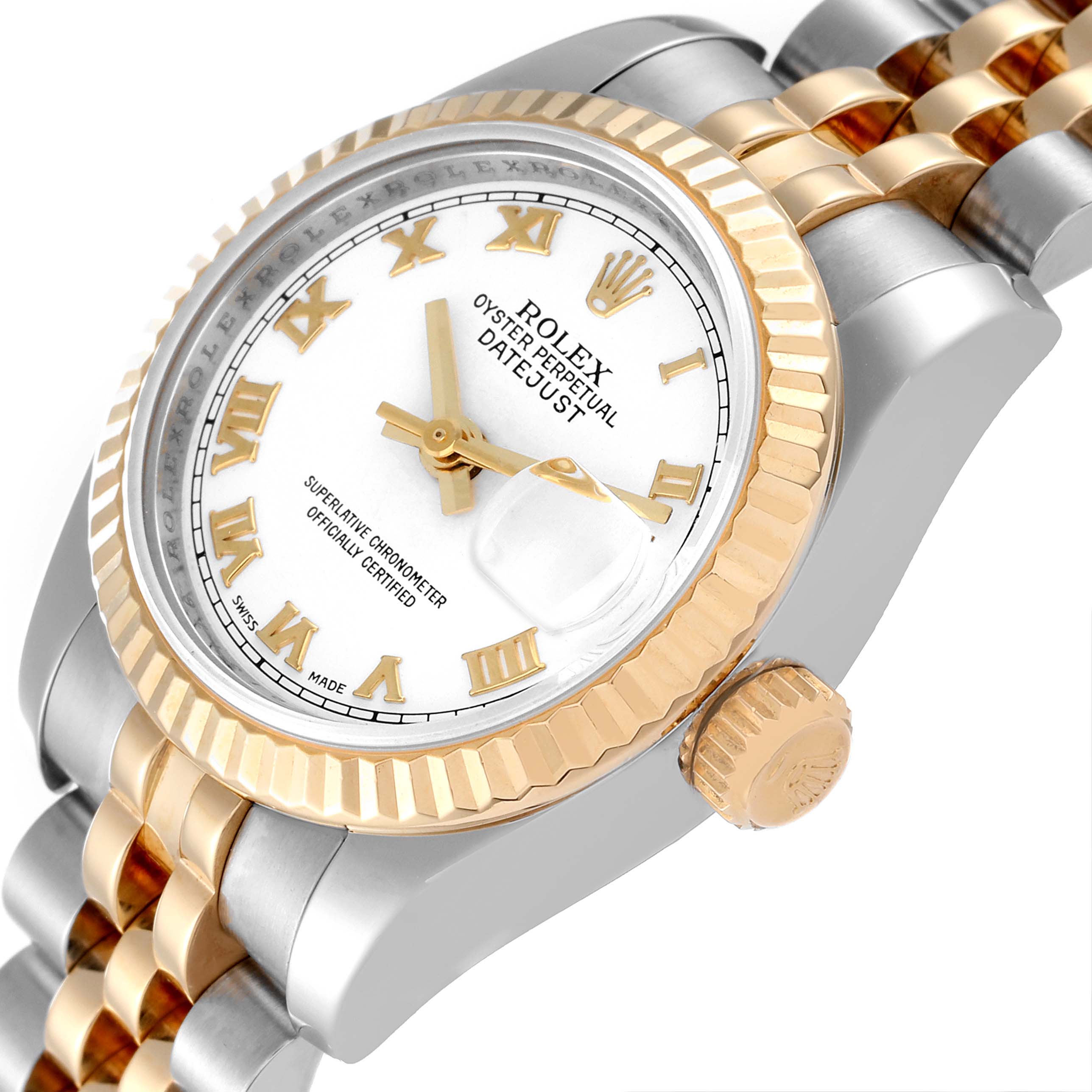 The image shows a Rolex Datejust 179173 Women's Steel and Gold (two tone) White Dial 179173 Women's Steel and Gold (two tone) White Dial watch at an angled view, highlighting the dial, bezel, crown, and bracelet.