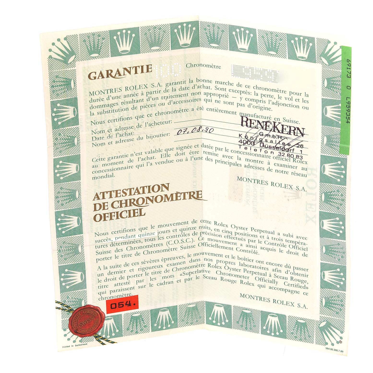 This image shows a warranty and certification document for a Rolex Datejust 69173 Women's Steel and Gold (two tone) Champagne Dial 69173 Women's Steel and Gold (two tone) Champagne Dial watch.