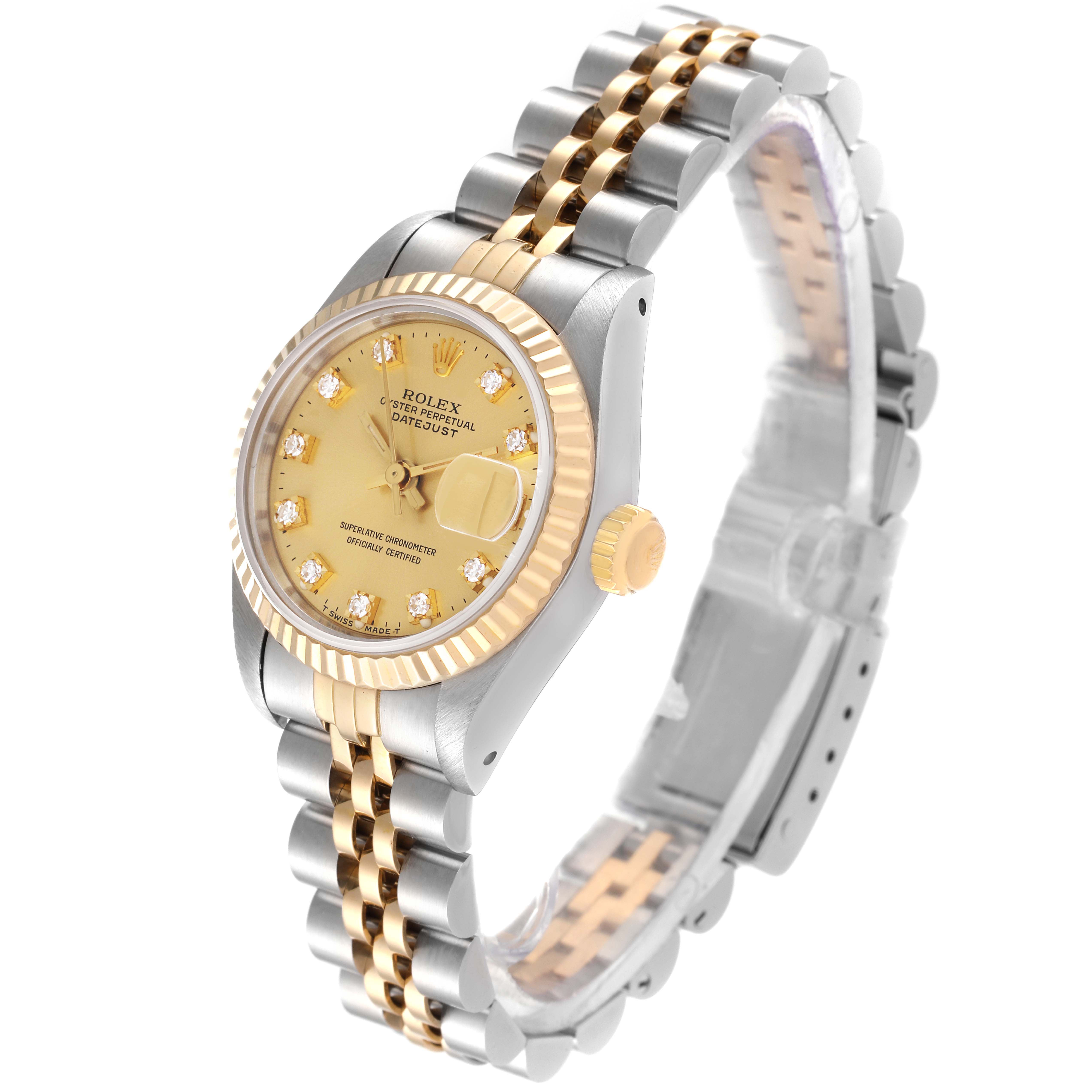 The image shows a Rolex Datejust 69173 Women's Steel and Gold (two tone) Champagne Dial 69173 Women's Steel and Gold (two tone) Champagne Dial watch at a slight angle, highlighting its dial, bezel, crown, and two-tone bracelet.