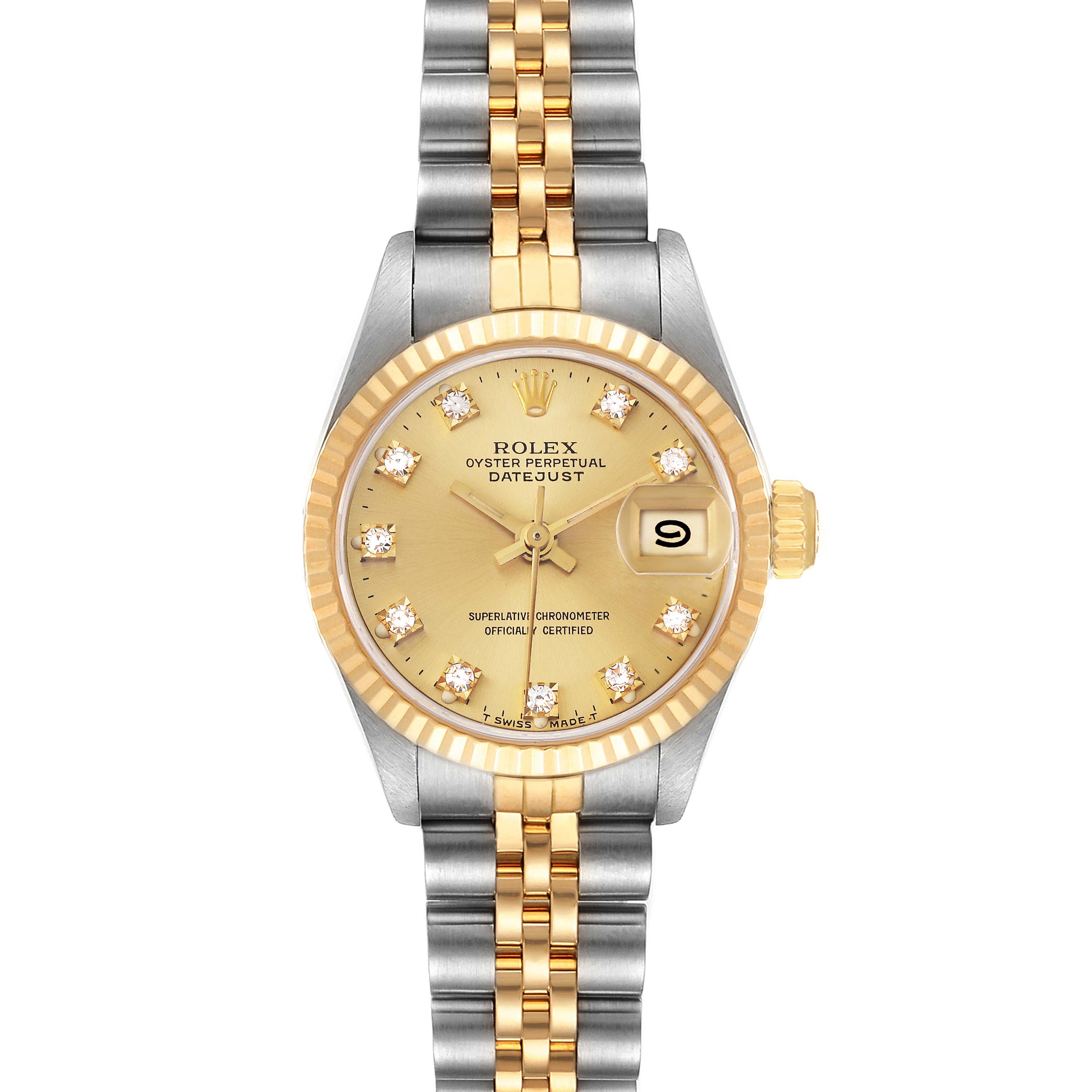 The image shows a Rolex Datejust 69173 Women's Steel and Gold (two tone) Champagne Dial 69173 Women's Steel and Gold (two tone) Champagne Dial watch from a front angle, highlighting its gold dial, diamond markers, fluted bezel, and two-tone bracelet.