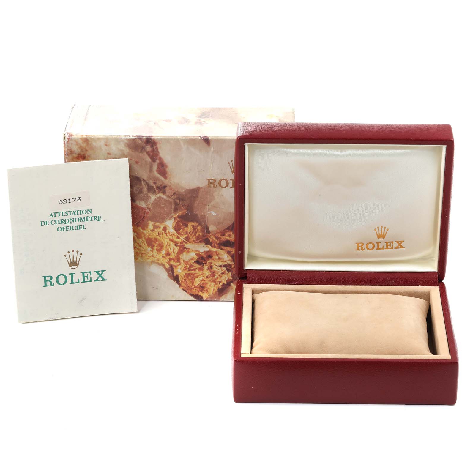 The image shows the packaging and documentation for a Rolex Datejust 69173 Women's Steel and Gold (two tone) Champagne Dial 69173 Women's Steel and Gold (two tone) Champagne Dial watch, including the box, pillow, and certification booklet.