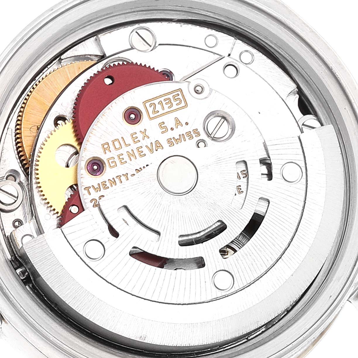 This is an internal view showing the movement mechanism of a Rolex Datejust 69173 Women's Steel and Gold (two tone) Champagne Dial 69173 Women's Steel and Gold (two tone) Champagne Dial model watch at a close-up angle.
