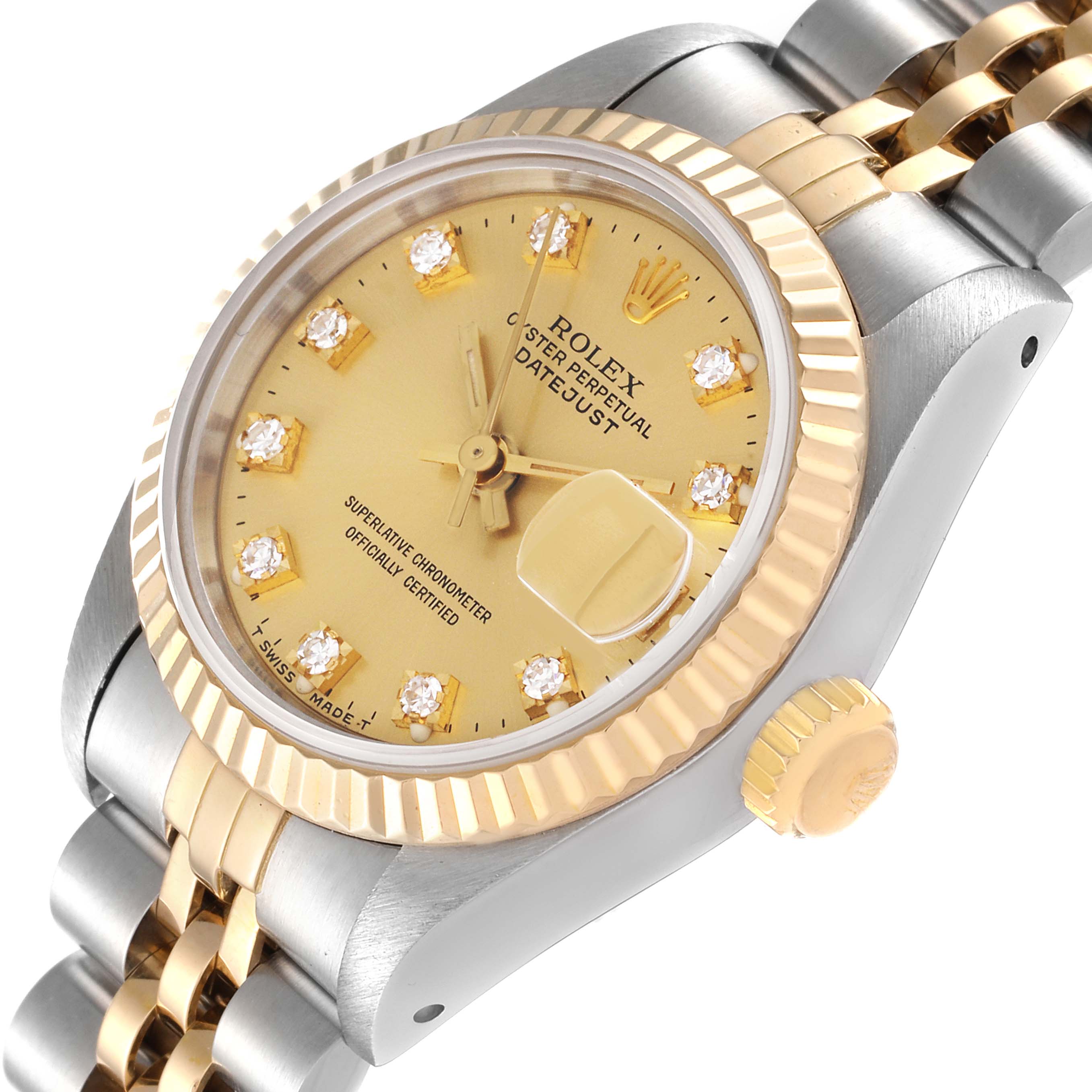 The Rolex Datejust 69173 Women's Steel and Gold (two tone) Champagne Dial 69173 Women's Steel and Gold (two tone) Champagne Dial watch is shown from a diagonal angle, highlighting the face, bezel, crown, and part of the bracelet.