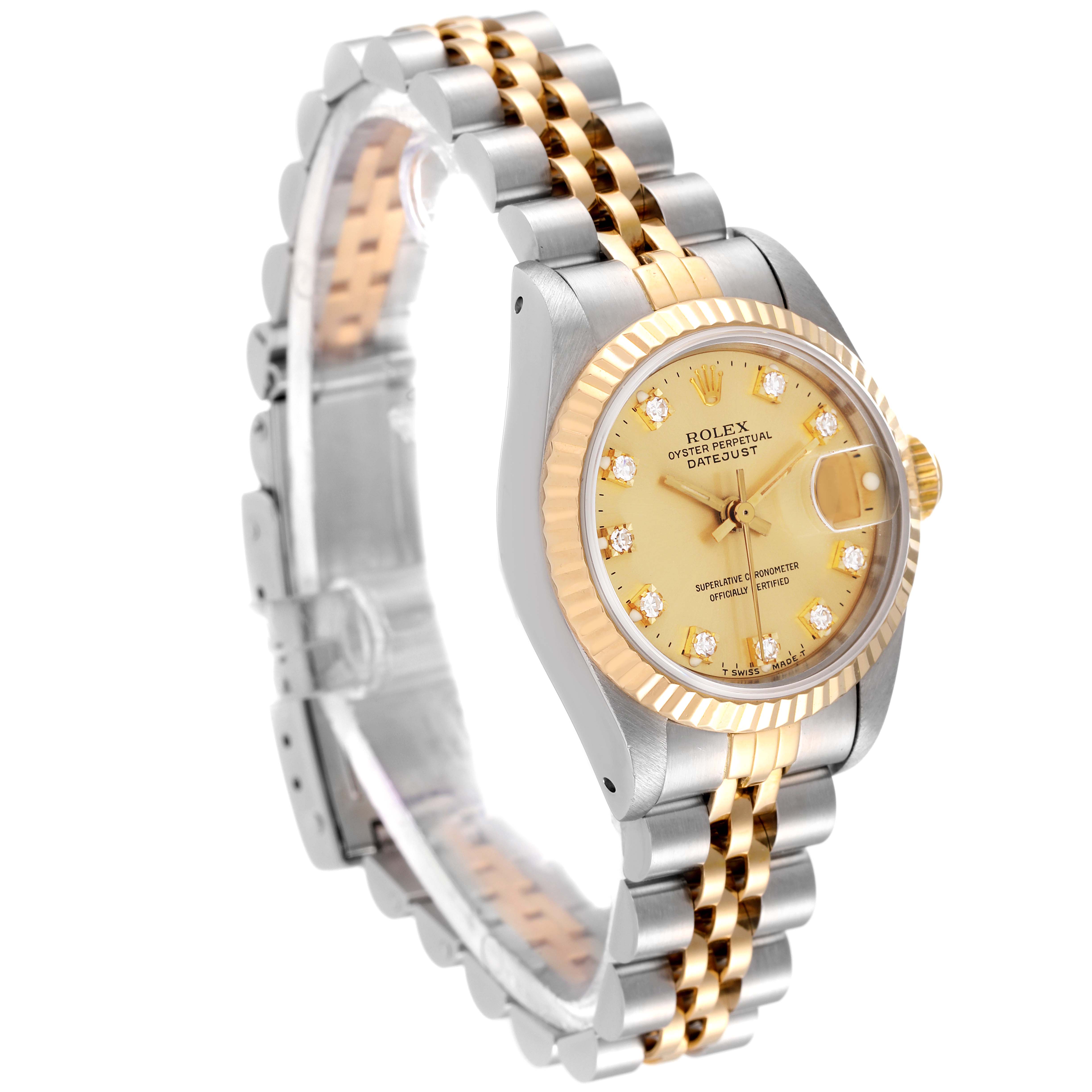 The image shows a Rolex Datejust 69173 Women's Steel and Gold (two tone) Champagne Dial 69173 Women's Steel and Gold (two tone) Champagne Dial watch at an oblique angle, displaying its dial, bezel, and part of the bracelet.