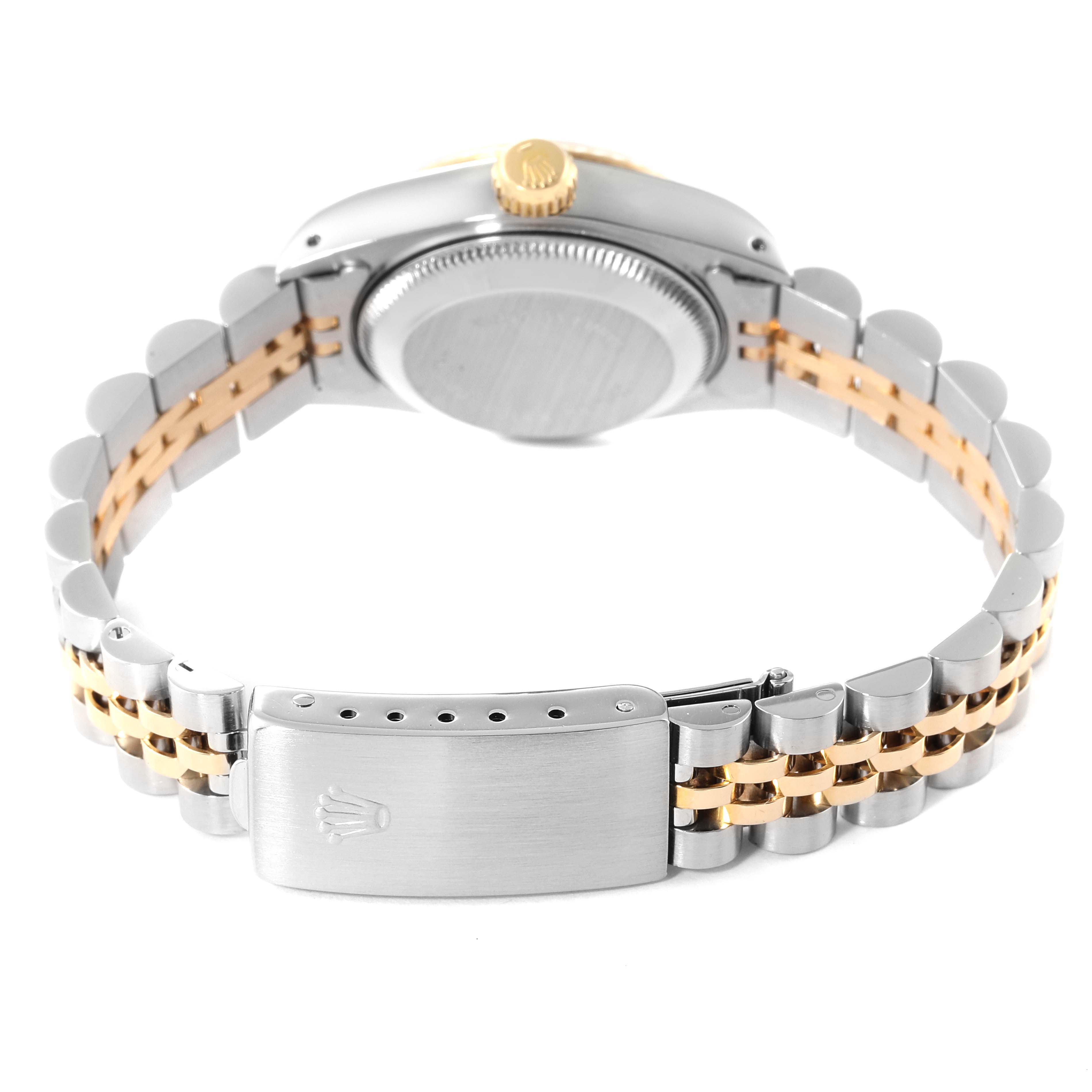 The image shows the back view of the Rolex Datejust 69173 Women's Steel and Gold (two tone) Champagne Dial 69173 Women's Steel and Gold (two tone) Champagne Dial watch focusing on the bracelet and clasp.