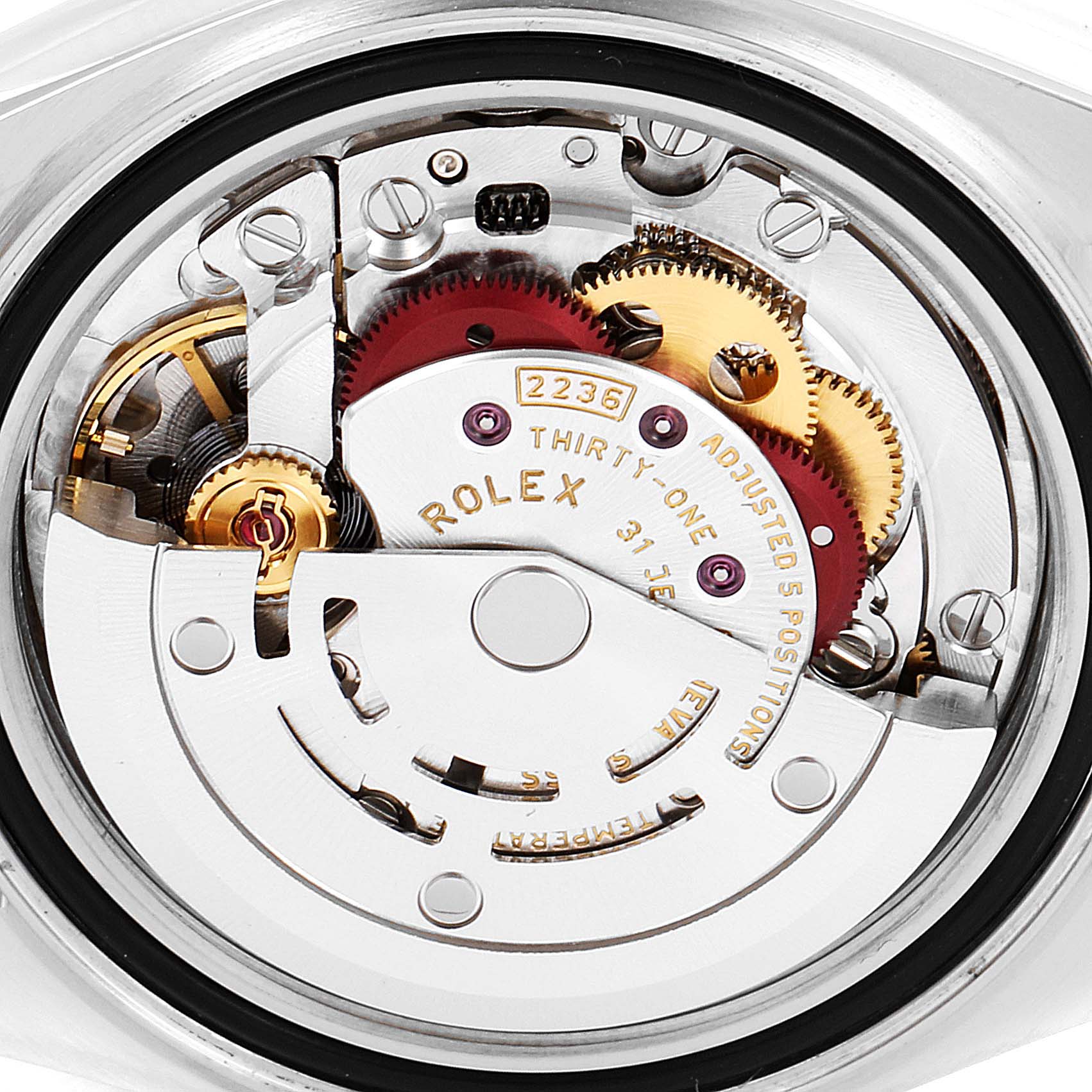 This image shows an up-close view of the movement mechanism of a Rolex Datejust 279383 Women
s Steel and Gold (two tone) Silver Dial 279383 Women
s Steel and Gold (two tone) Silver Dial watch.