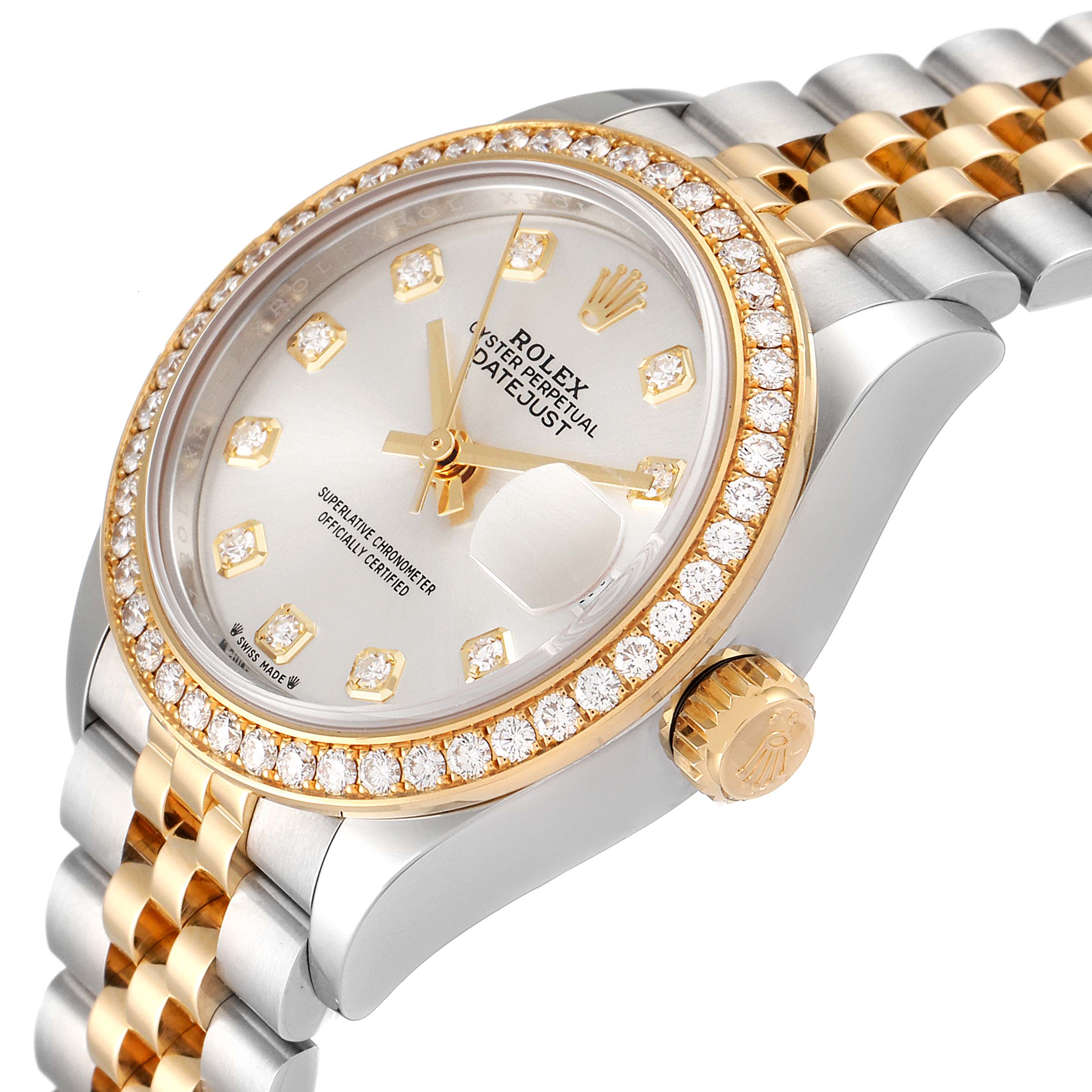 This image shows a Rolex Datejust 279383 Women
s Steel and Gold (two tone) Silver Dial 279383 Women
s Steel and Gold (two tone) Silver Dial model at an angle highlighting the face, bezel, and part of the bracelet.