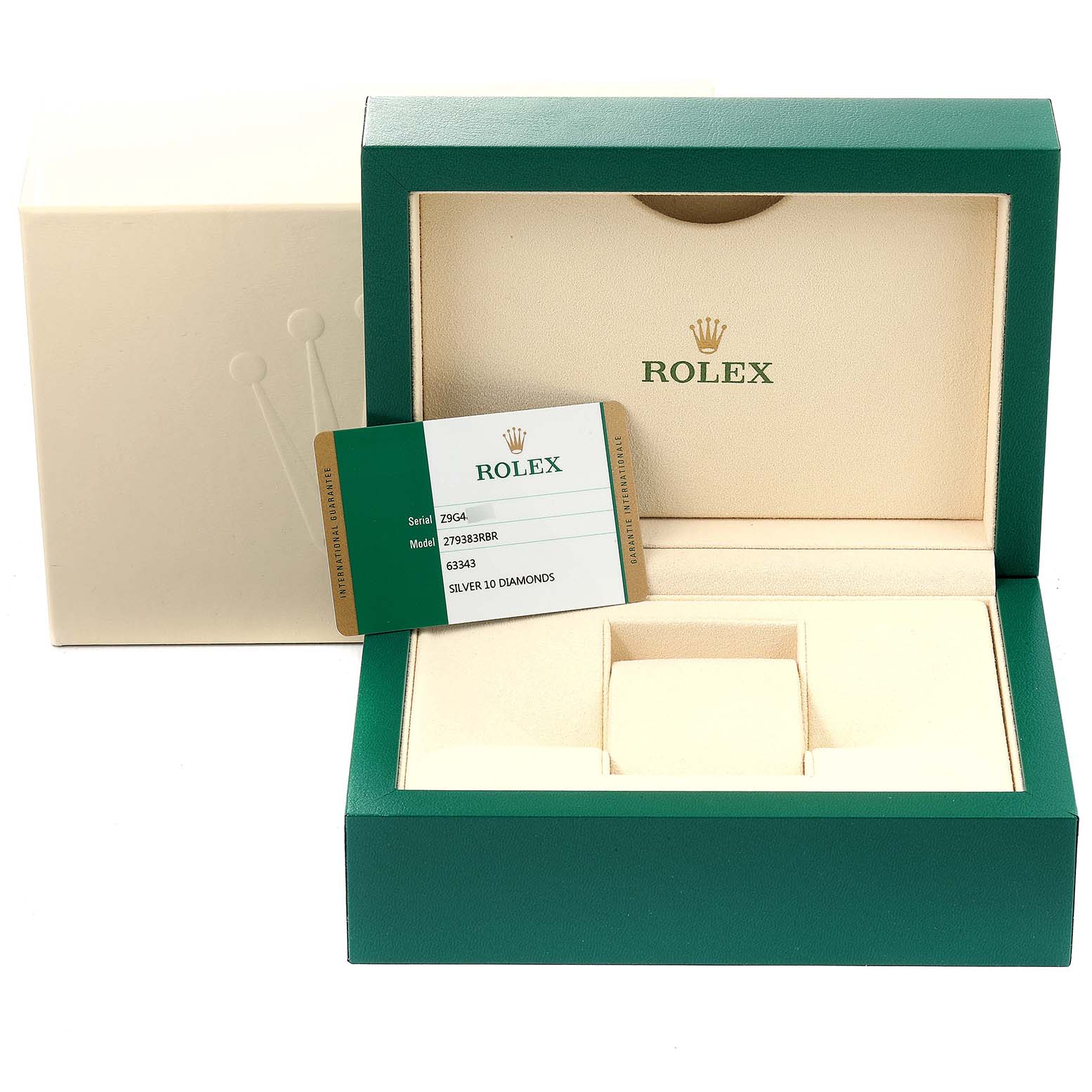 The image shows an open Rolex Datejust 279383 Women
s Steel and Gold (two tone) Silver Dial 279383 Women
s Steel and Gold (two tone) Silver Dial watch box and a card detailing the watch model.