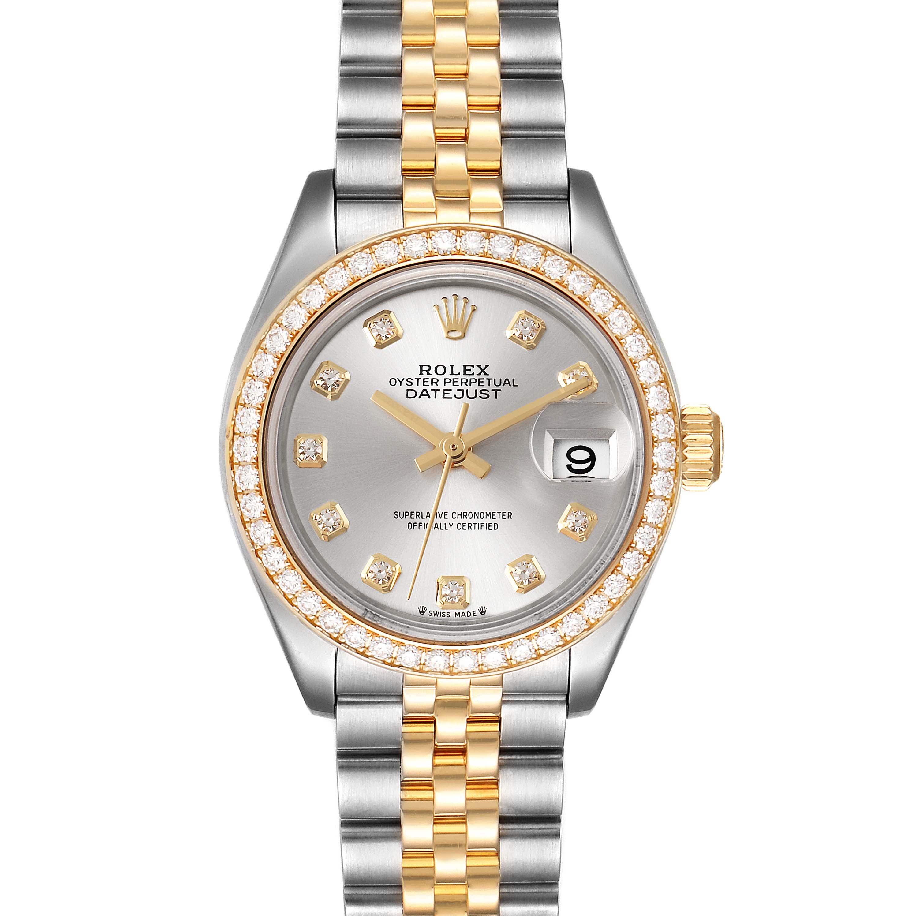 The image shows a front view of a Rolex Datejust 279383 Women
s Steel and Gold (two tone) Silver Dial 279383 Women
s Steel and Gold (two tone) Silver Dial watch, highlighting its silver and gold bracelet, diamond bezel, and dial.