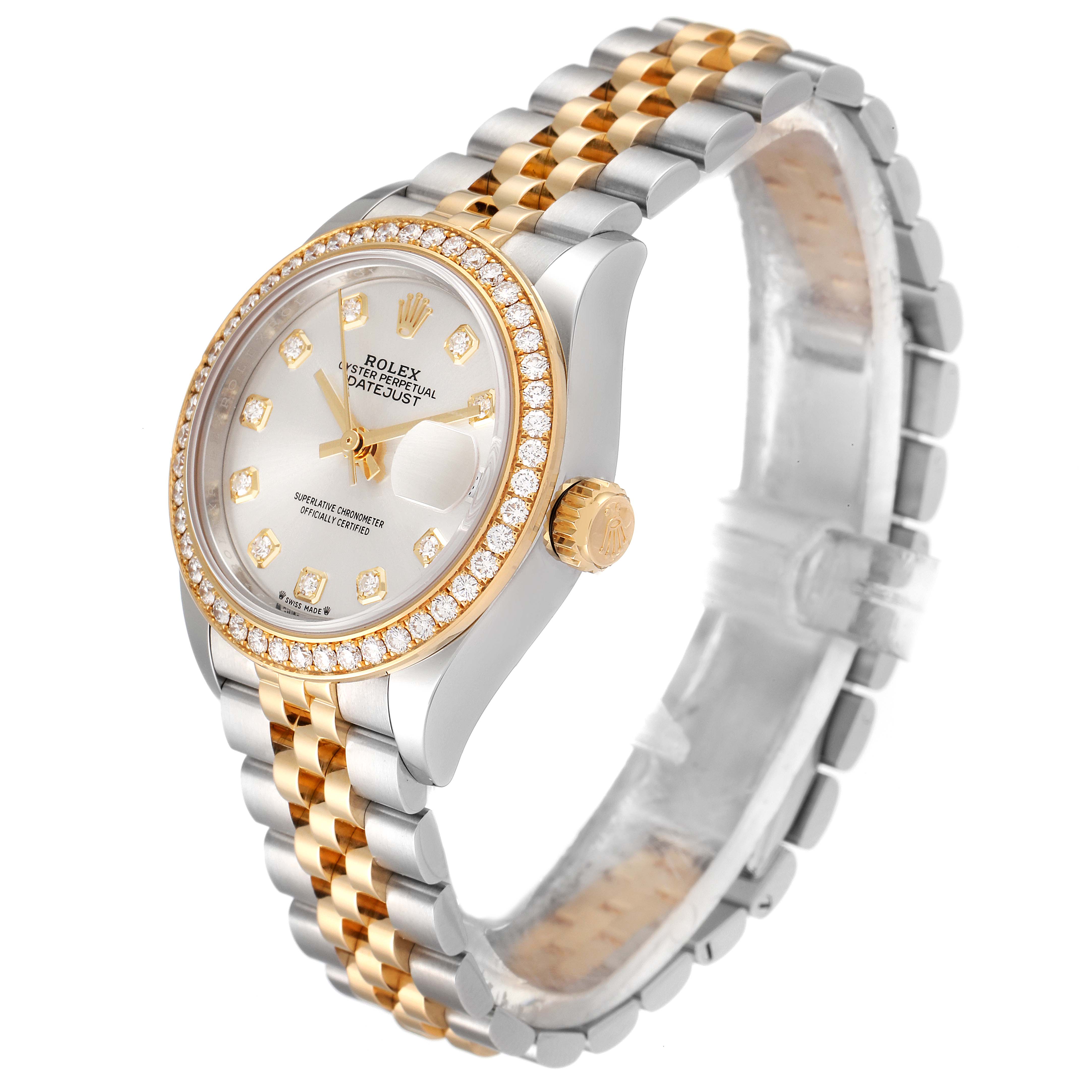 The image shows a Rolex Datejust 279383 Women
s Steel and Gold (two tone) Silver Dial 279383 Women
s Steel and Gold (two tone) Silver Dial watch at a three-quarter angle, highlighting the face, bezel, crown, and bracelet.