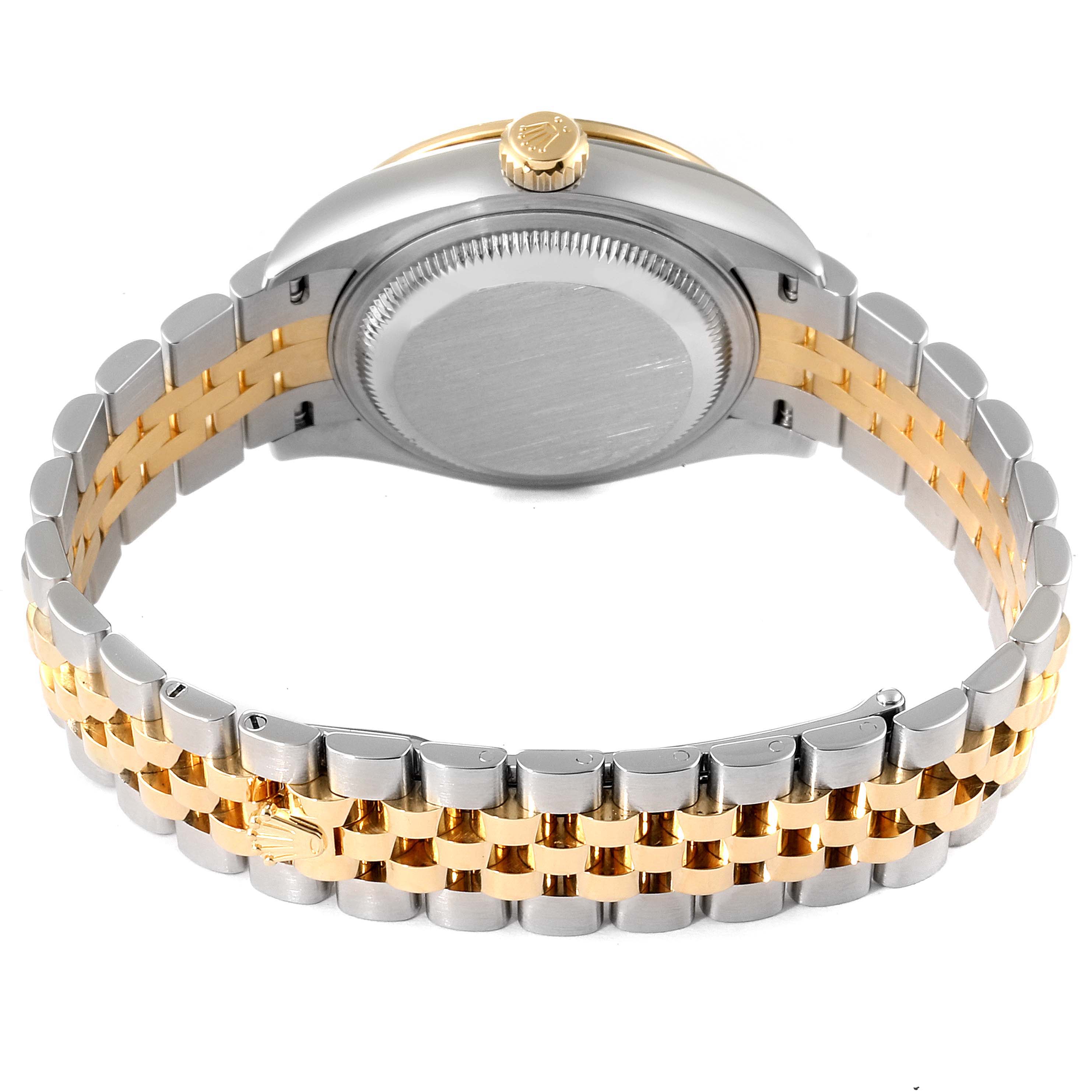 This image shows the back case and two-tone Jubilee bracelet of a Rolex Datejust 279383 Women
s Steel and Gold (two tone) Silver Dial 279383 Women
s Steel and Gold (two tone) Silver Dial watch, viewed from the rear.