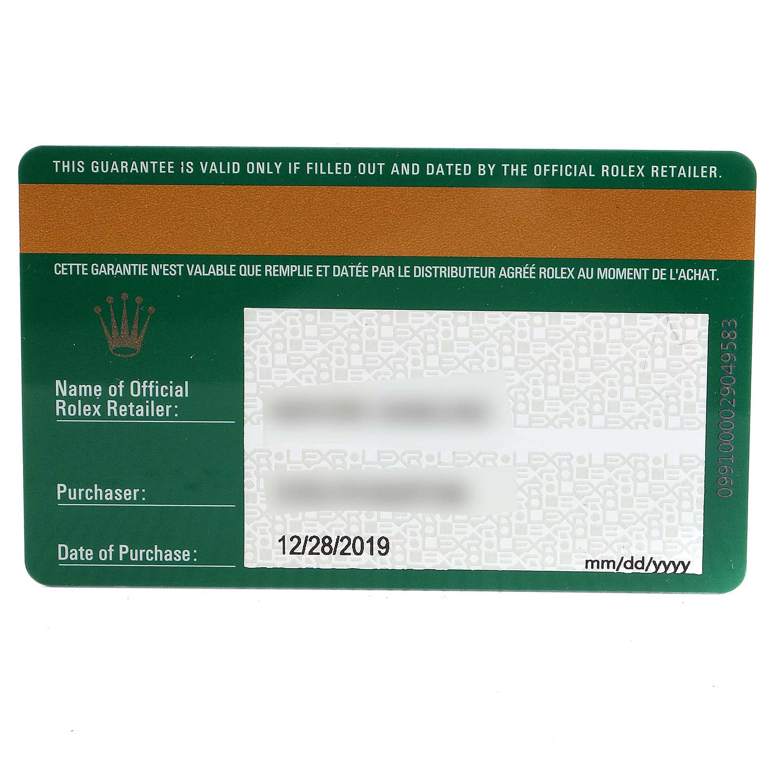 This image shows the guarantee card for the Rolex Datejust 279383 Women
s Steel and Gold (two tone) Silver Dial 279383 Women
s Steel and Gold (two tone) Silver Dial model, filled with purchase details.