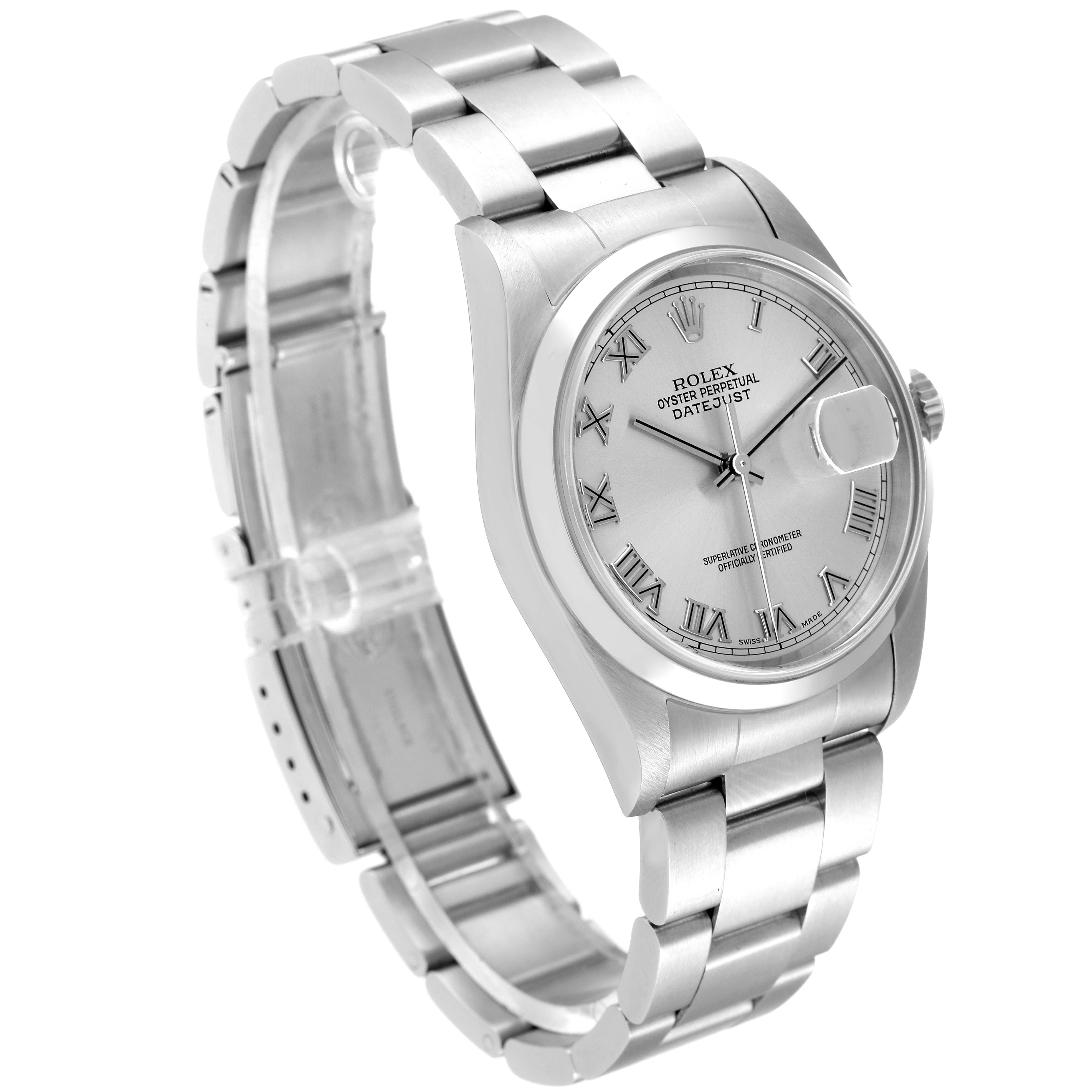 The Rolex Datejust 16200 Men
s Stainless Steel Grey Dial 16200 Men
s Stainless Steel Grey Dial watch is shown at a three-quarter angle, highlighting the dial, bracelet, and case.