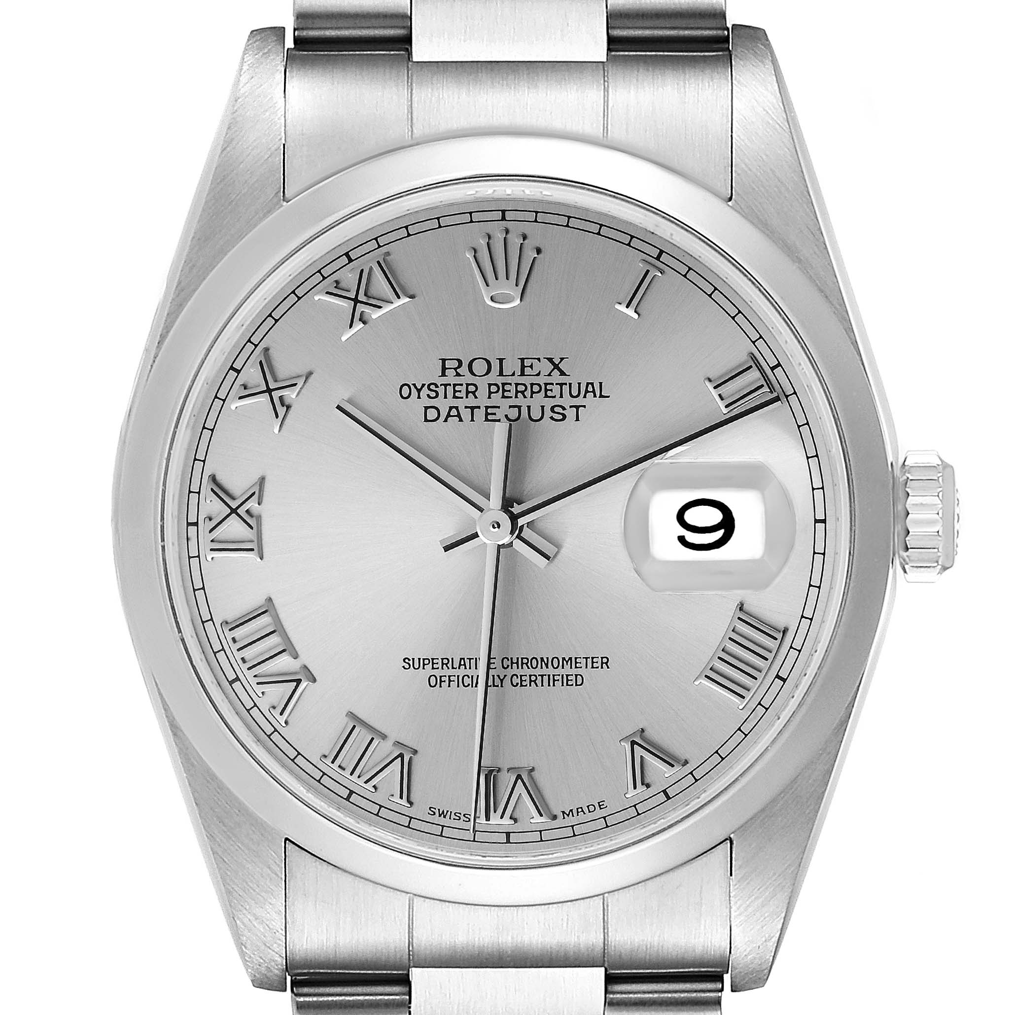 The image shows a front view of a Rolex Datejust 16200 Men
s Stainless Steel Grey Dial 16200 Men
s Stainless Steel Grey Dial watch displaying its silver dial, Roman numerals, and date window with magnification.