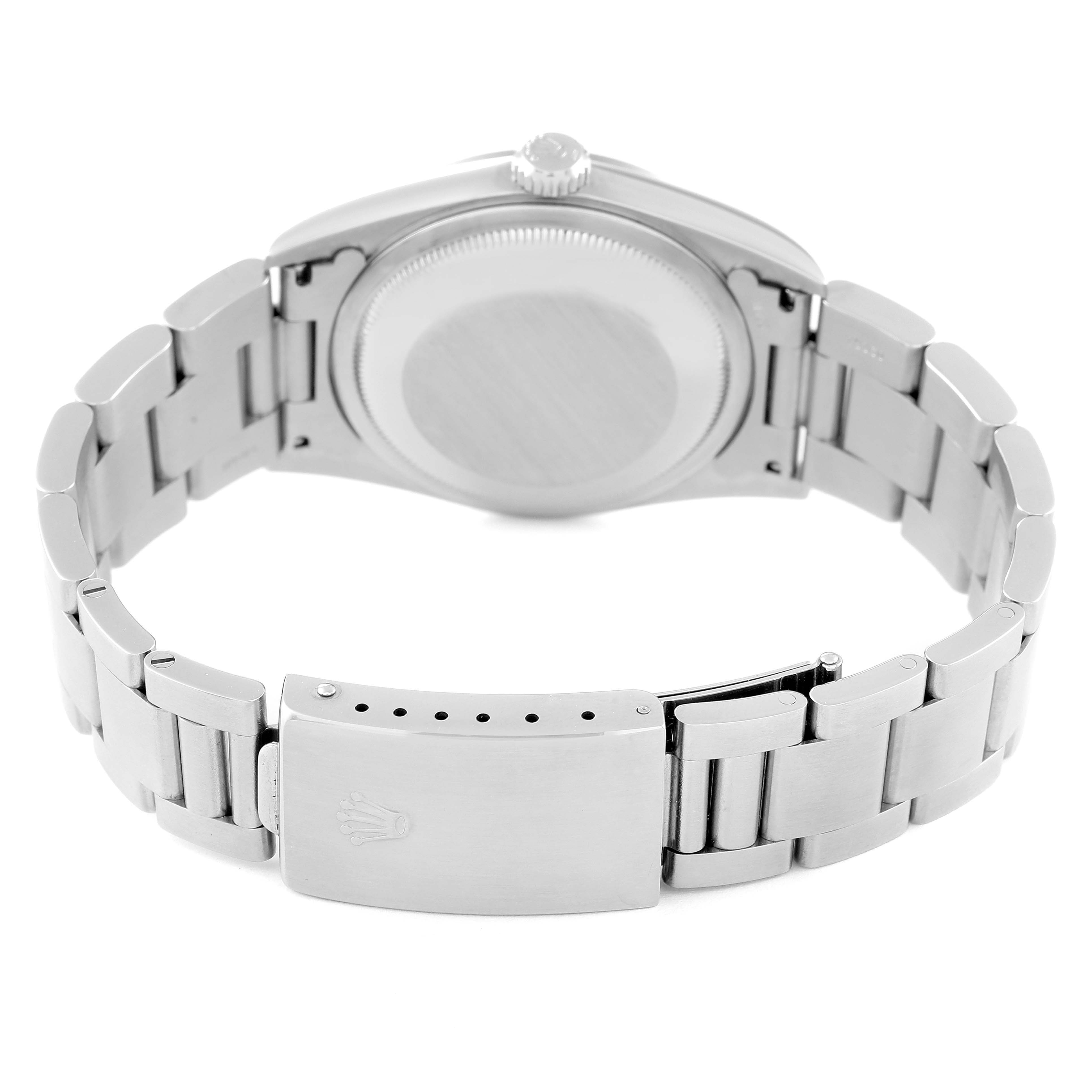 This image shows the case back and clasp of a Rolex Datejust 16200 Men
s Stainless Steel Grey Dial 16200 Men
s Stainless Steel Grey Dial watch from a rear angle.