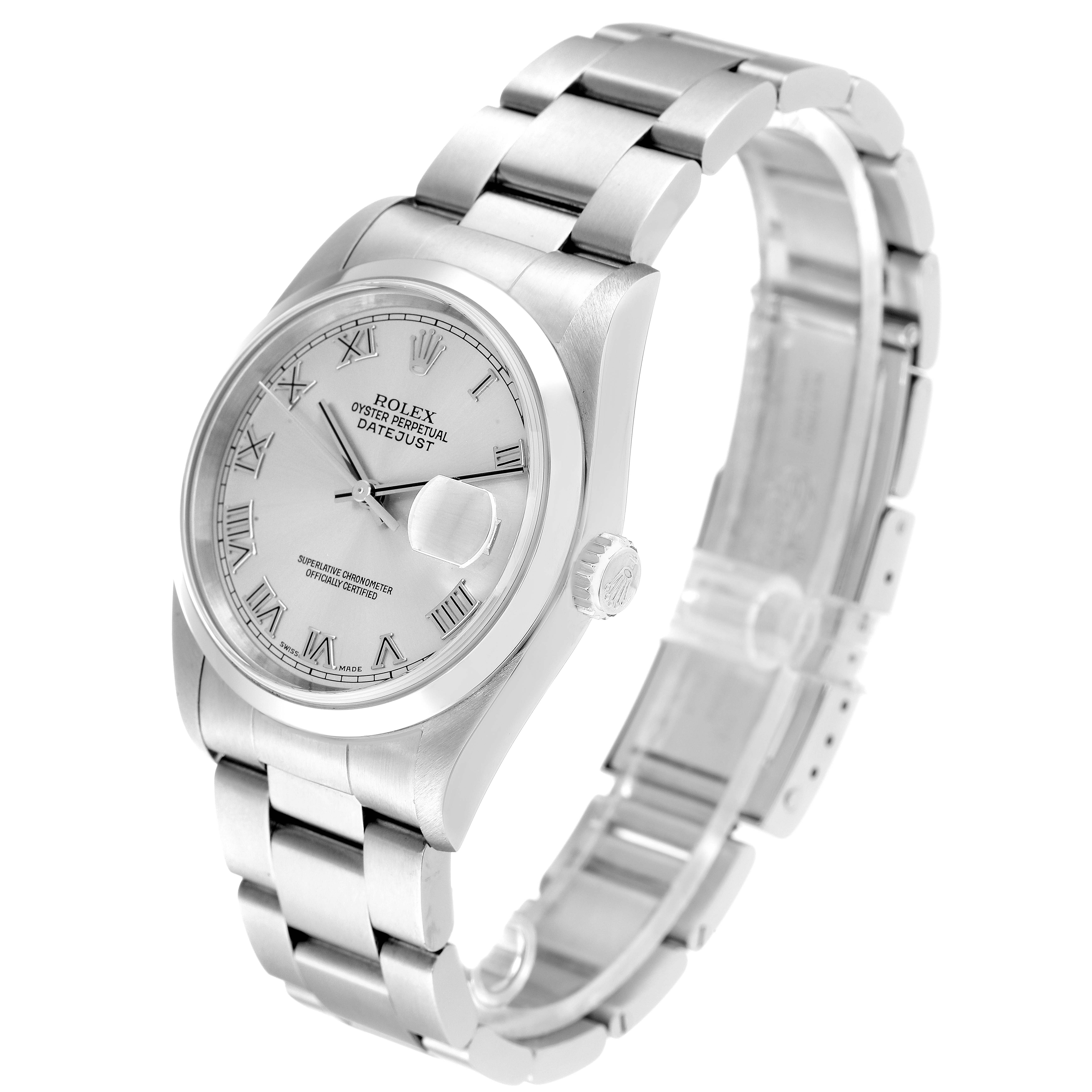 The image shows a side-angle view of the Rolex Datejust 16200 Men
s Stainless Steel Grey Dial 16200 Men
s Stainless Steel Grey Dial watch, highlighting the dial, crown, and bracelet links.