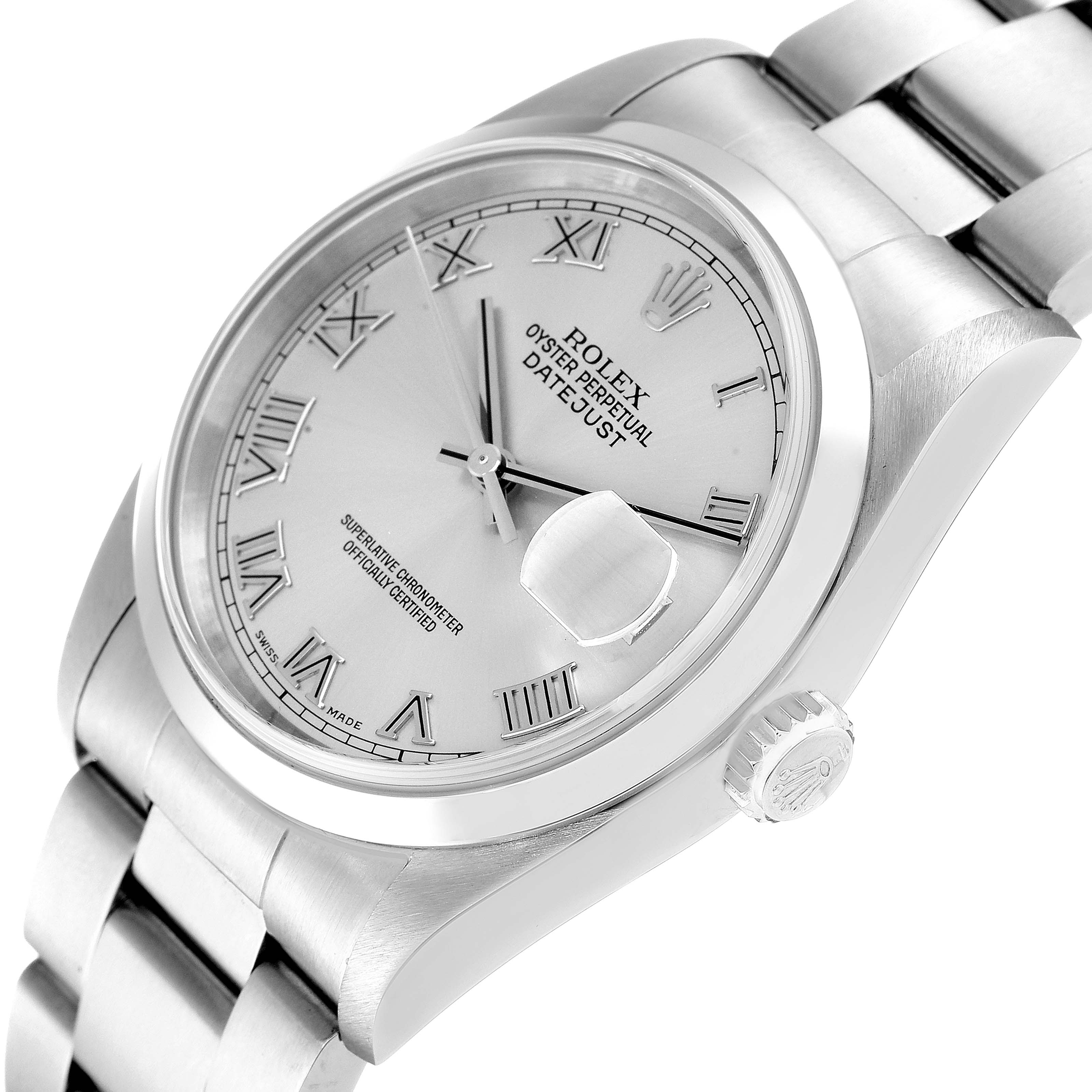 The image shows a close-up angled view of the Rolex Datejust 16200 Men
s Stainless Steel Grey Dial 16200 Men
s Stainless Steel Grey Dial watch, highlighting the dial, crown, and part of the bracelet.