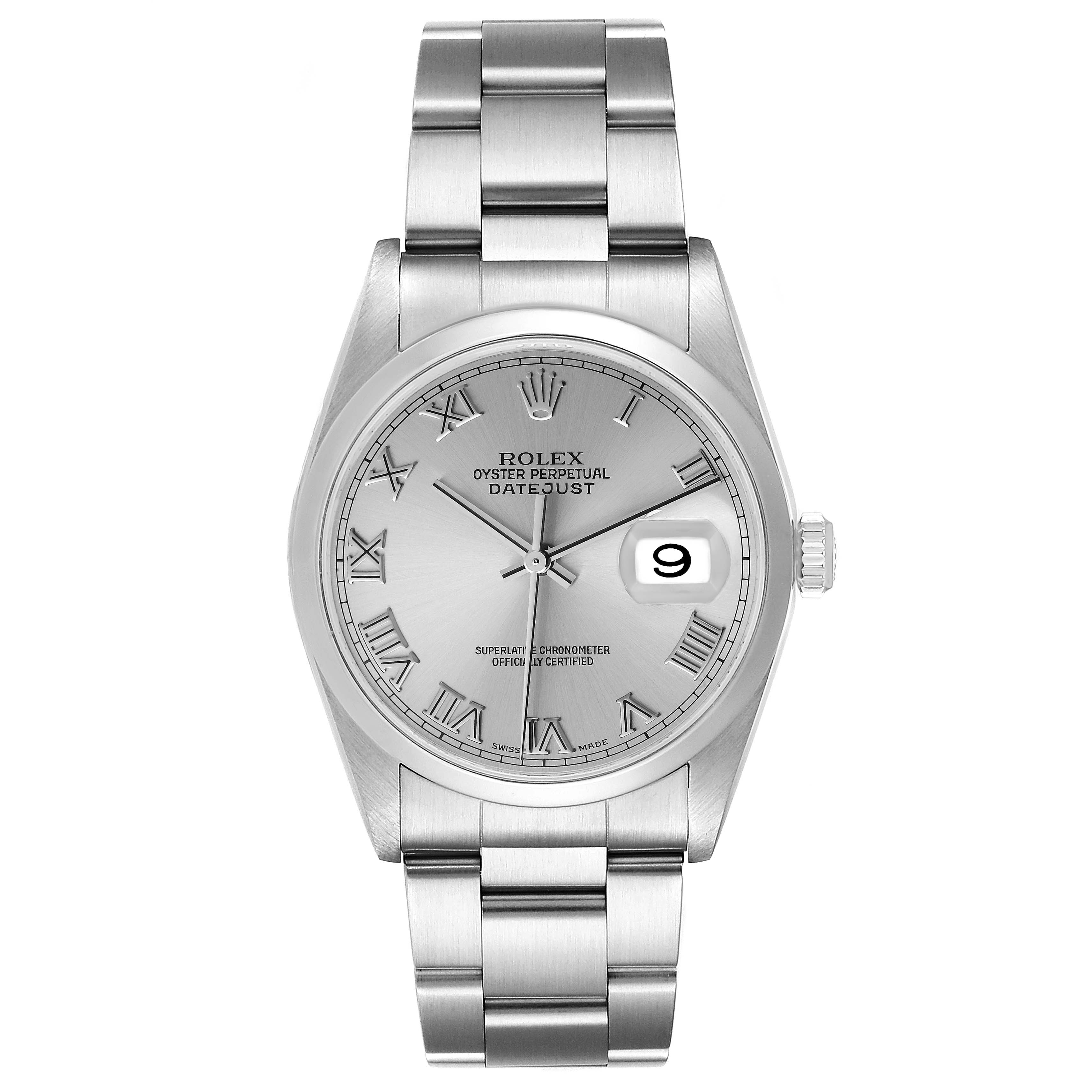 This image shows a front view of a Rolex Datejust 16200 Men
s Stainless Steel Grey Dial 16200 Men
s Stainless Steel Grey Dial watch displaying the face, bezel, and bracelet.
