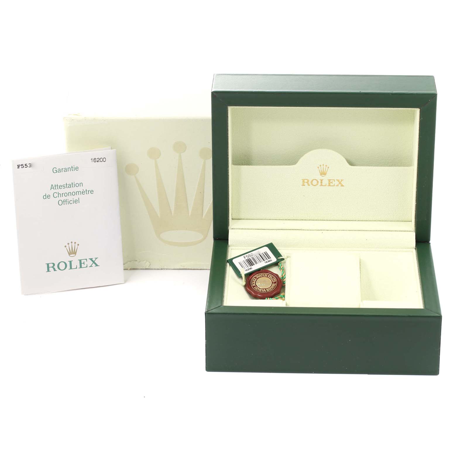 This image shows the packaging and warranty booklet for a Rolex Datejust 16200 Men
s Stainless Steel Grey Dial 16200 Men
s Stainless Steel Grey Dial watch, along with its green box and tag.