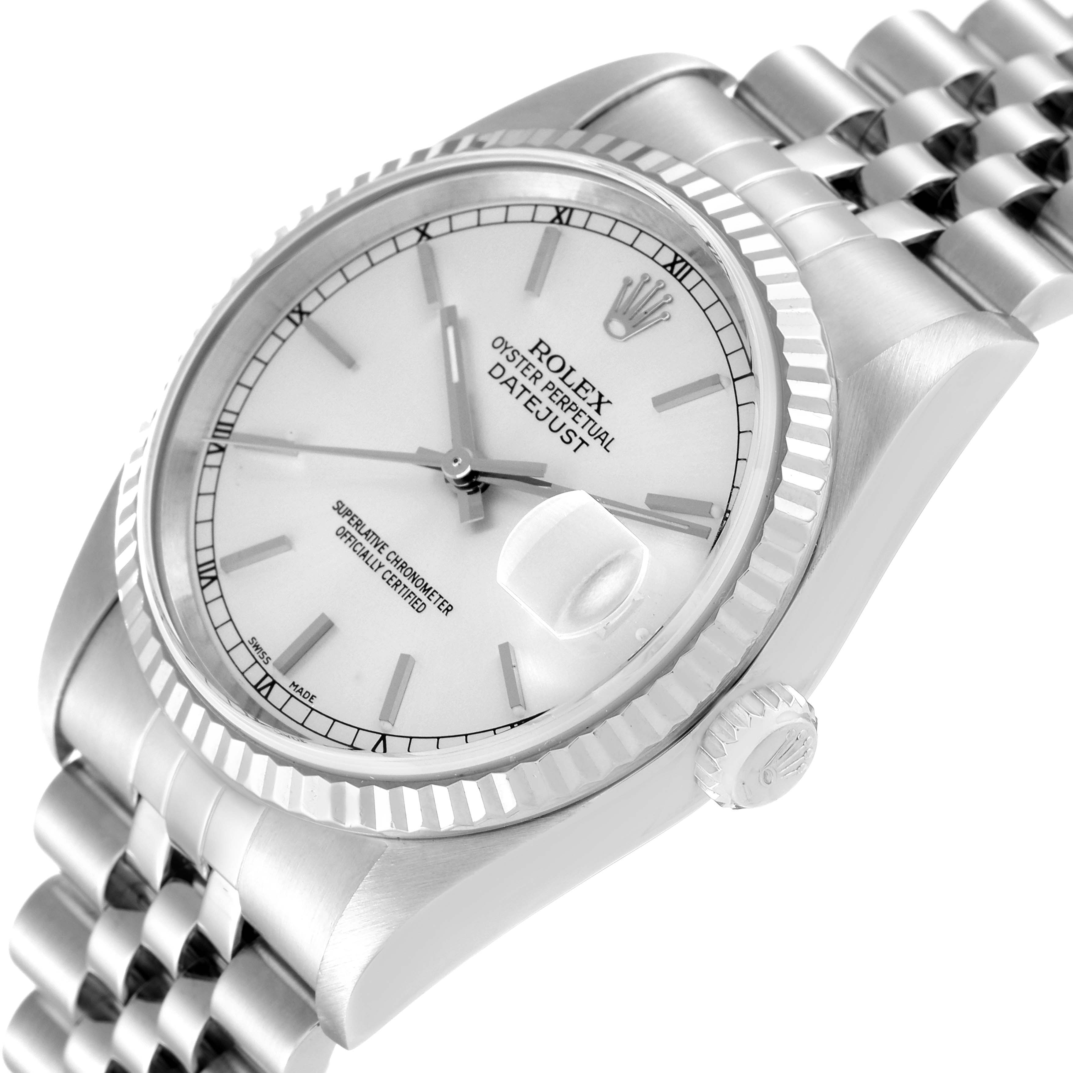 The image shows a close-up angled view of a Rolex Datejust 16234 Men's Stainless Steel Silver Dial 16234 Men's Stainless Steel Silver Dial watch's face, bezel, crown, and part of the bracelet.