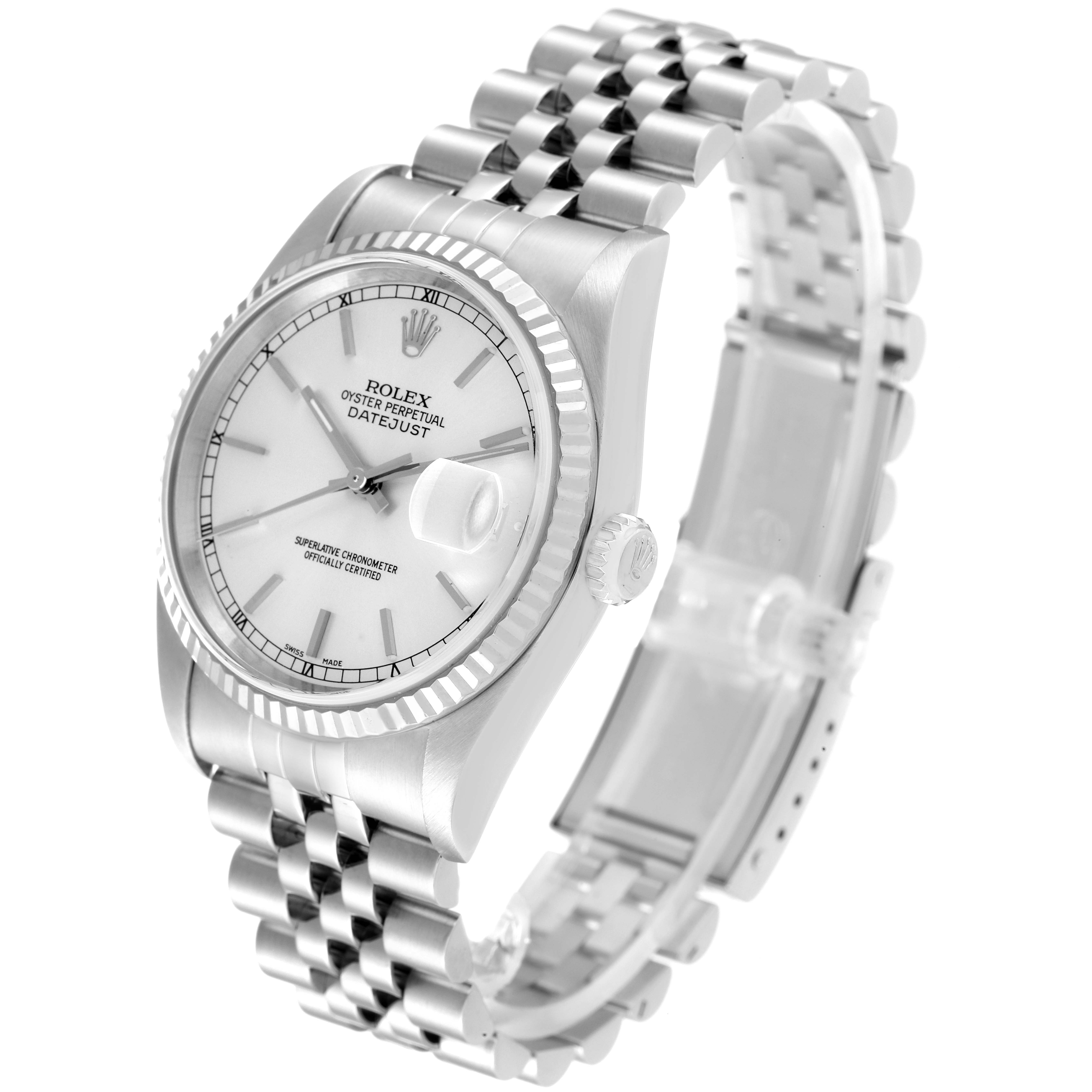 The Rolex Datejust 16234 Men's Stainless Steel Silver Dial 16234 Men's Stainless Steel Silver Dial watch is shown at a slight side angle, showcasing its bezel, dial, and bracelet.